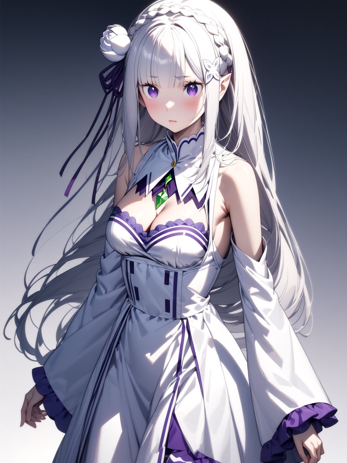 //Character, solo,emilia \(re_zero\), 1girl, long hair, white hair, purple eyes crown braid, pointy ears, 
//Fashion, white dress, hair ornament, hair ribbon, purple ribbon, bare shoulders, cleavage, white footwear,
//Background, simple background, 
//Quality, (masterpiece), best quality, ultra-high resolution, ultra-high definition, highres, intricate, intricate details, absurdres, highly detailed, finely detailed, ultra-detailed, ultra-high texture quality, natural lighting, natural shadow, dramatic shading, dramatic lighting, vivid colour, perfect anatomy, 
//Others, 