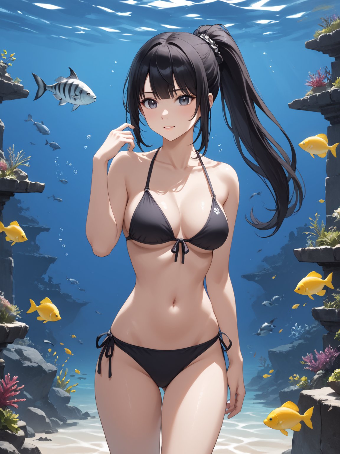 score_9,score_8_up,score_7_up,score_6_up, masterpiece, best quality, highres
,//Character, 
1girl,narberal gamma \(overlord\), long hair, black hair, glay eyes, bangs, ponytail, medium breats
,//Fashion, 
bikini
,//Background, 
,//Others, ,Expressiveh, 
A girl in scuba gear exploring an underwater library, with fish swimming between bookshelves and seaweed growing from old tomes.