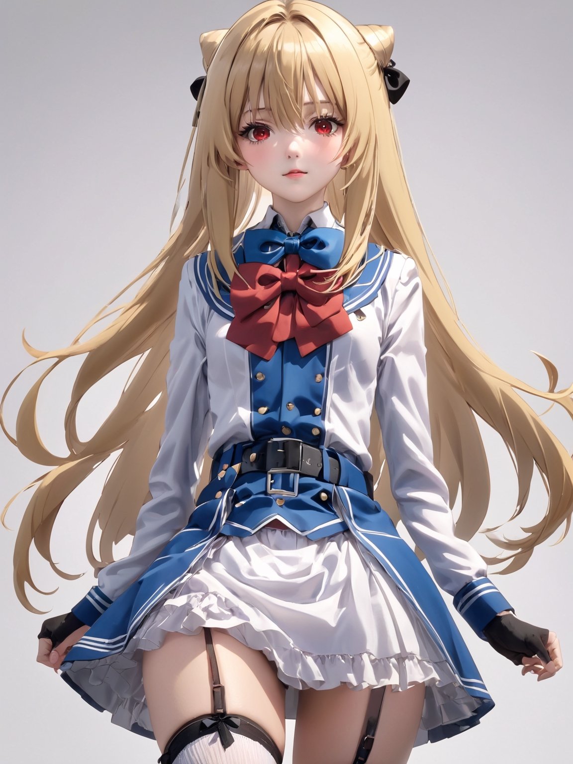 //Quality, masterpiece, best quality, detailmaster2, 8k, 8k UHD, ultra detailed, ultra-high resolution, ultra-high definition, highres, 
//Character, 1girl, solo,Terakomari, long hair, blonde hair, red eyes, ahoge, 
//Fashion, red coat, belt buckle, blue bowtie, long sleeves, white skirt, bow, white thighhighs, garter straps, boots, 
//Background, white background, 
//Others, 