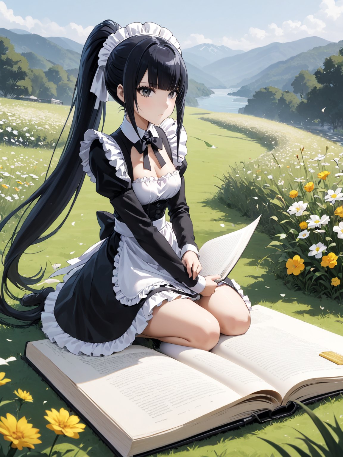 score_9,score_8_up,score_7_up,score_6_up, masterpiece, best quality, highres
,//Character, 
1girl, solo,narberal gamma \(overlord\), long hair, black hair, glay eyes, bangs, ponytail, medium breats
,//Fashion, 
maid
,//Background, 
,//Others, ,Expressiveh, 
A tiny girl sitting on a massive book, using a blade of grass as a slide to reach the ground filled with oversized flowers.