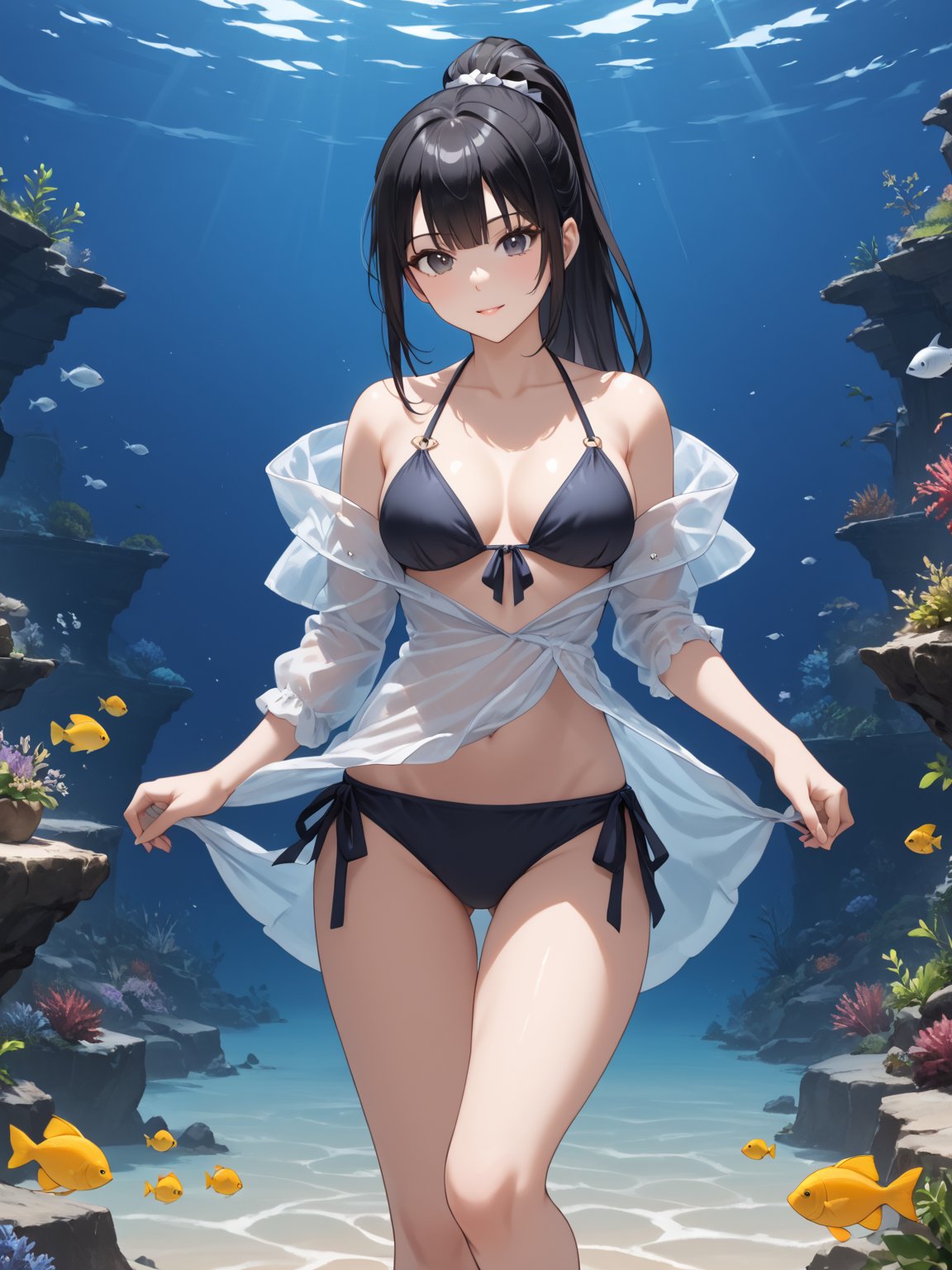 score_9,score_8_up,score_7_up,score_6_up, masterpiece, best quality, highres
,//Character, 
1girl,narberal gamma \(overlord\), long hair, black hair, glay eyes, bangs, ponytail, medium breats
,//Fashion, 
bikini
,//Background, 
,//Others, ,Expressiveh, 
A girl in scuba gear exploring an underwater library, with fish swimming between bookshelves and seaweed growing from old tomes.
