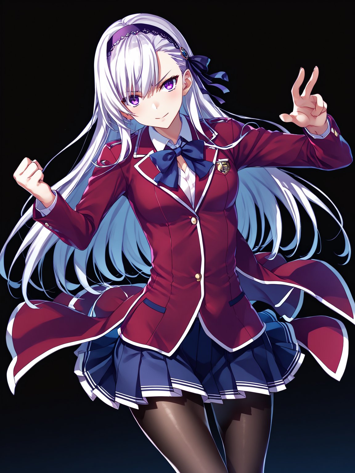 score_9,score_8_up,score_7_up,score_6_up, masterpiece, best quality, 8k, 8k UHD, ultra-high resolution, ultra-high definition, highres
,//Character, 
1girl, solo, long hair, white hair, purple eyes
,//Fashion, 
school uniform, red jacket, pantyhose, pleated skirt, hairband
,//Background, white_background
,//Others, ,Expressiveh,
fighting stance, dynamic pose