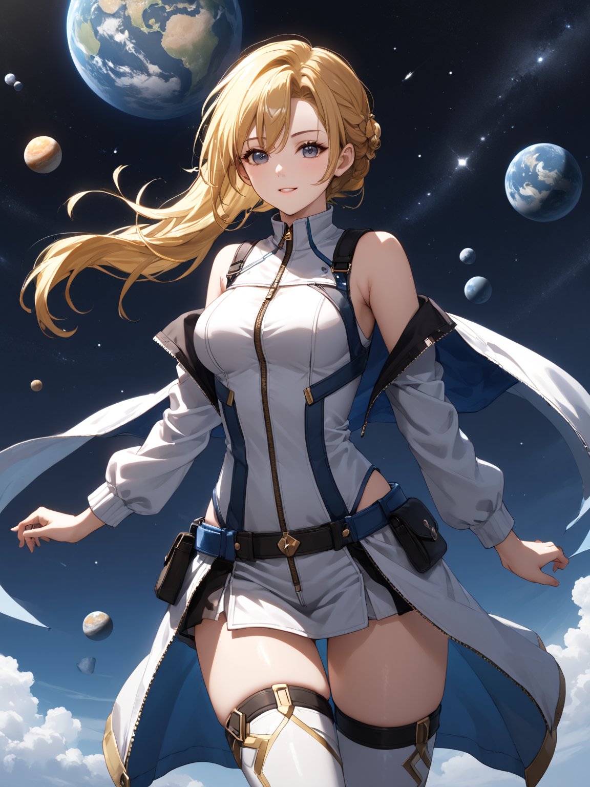 masterpiece, best quality, highres
,//Character, 
1girl, solo
,//Fashion, 
,//Background, white background
,//Others, ,Expressiveh, 
,AobaTsukuyo,
A girl unzipping the sky like a giant zipper, revealing a cosmic realm filled with planets and nebulae behind it.