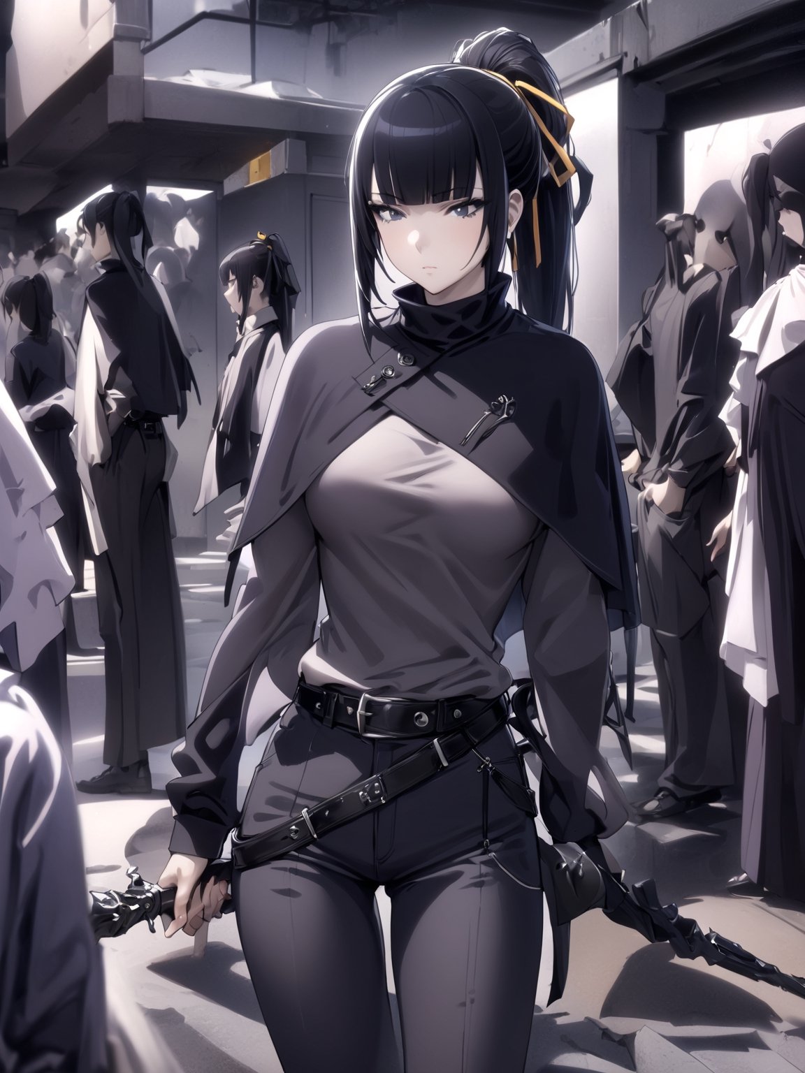 //Quality,
masterpiece, best quality, detailed
,//Character,
1girl, solo
,//Fashion,
,//Background,
,//Others,
,narberal gamma \(overlord\), 1girl, long hair, black hair, glay eyes, bangs, ponytail, medium breats, hair ribbon, long sleeves, capelet, belt, pants, weapon