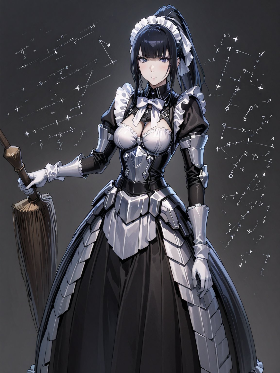 score_9,score_8_up,score_7_up,score_6_up, masterpiece, best quality, highres
,//Character, 
1girl, solo,narberal gamma \(overlord\), long hair, black hair, glay eyes, bangs, ponytail, medium breats
,//Fashion, 
ribbon, bow, maid, dress, armor, gloves
,//Background, 
,//Others, ,Expressiveh, female focus,
A girl riding a giant pencil like a witch's broomstick, soaring through a sky filled with floating mathematical equations.