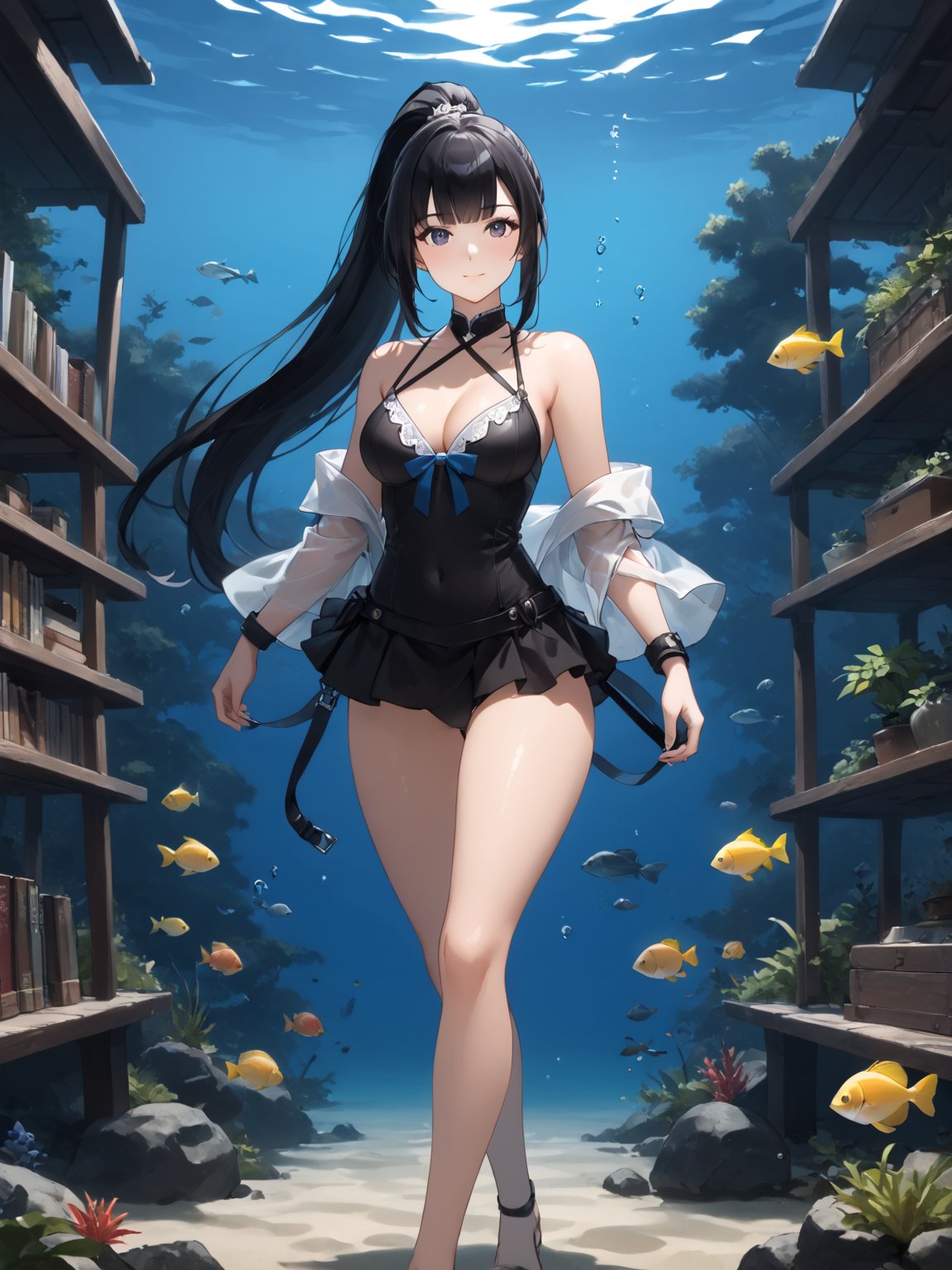 score_9,score_8_up,score_7_up,score_6_up, masterpiece, best quality, highres
,//Character, 
1girl,narberal gamma \(overlord\), long hair, black hair, glay eyes, bangs, ponytail, medium breats
,//Fashion, 
bikini
,//Background, 
,//Others, ,Expressiveh, 
A girl in scuba gear exploring an underwater library, with fish swimming between bookshelves and seaweed growing from old tomes.