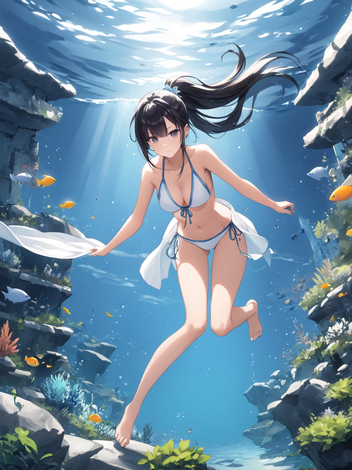 score_9,score_8_up,score_7_up,score_6_up, masterpiece, best quality, highres
,//Character, 
1girl,narberal gamma \(overlord\), long hair, black hair, glay eyes, bangs, ponytail, medium breats
,//Fashion, 
bikini
,//Background, 
,//Others, ,Expressiveh, 
A girl in scuba gear exploring an underwater library, with fish swimming between bookshelves and seaweed growing from old tomes.