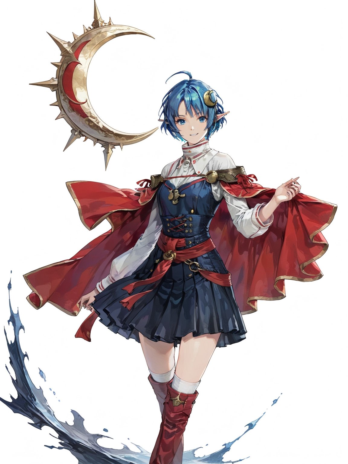 //Quality, masterpiece, best quality, detailmaster2, 8k, 8k UHD, ultra detailed, ultra-high resolution, ultra-high definition, highres, 
//Character, 1girl, solo, blue eyes, short hair, blue hair, pointy ears, ahoge,
//Fashion, red cape, skirt, thighhighs, crescent hair ornament,
//Background, white background, 
//Others, looking at viewer, smile, 