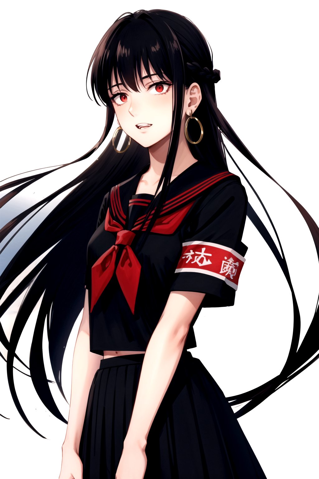 masterpiece, best quality, 
,//Character, 1girl, solo
,//Fashion, 
,//Background, white_background
,//Others, 
,AgakuraMajiri, 1girl, solo, long hair, black hair, red eyes, hoop earrings, black serafuku, sailor collar, black shirt, red neckerchief, armband, pleated skirt, teeth