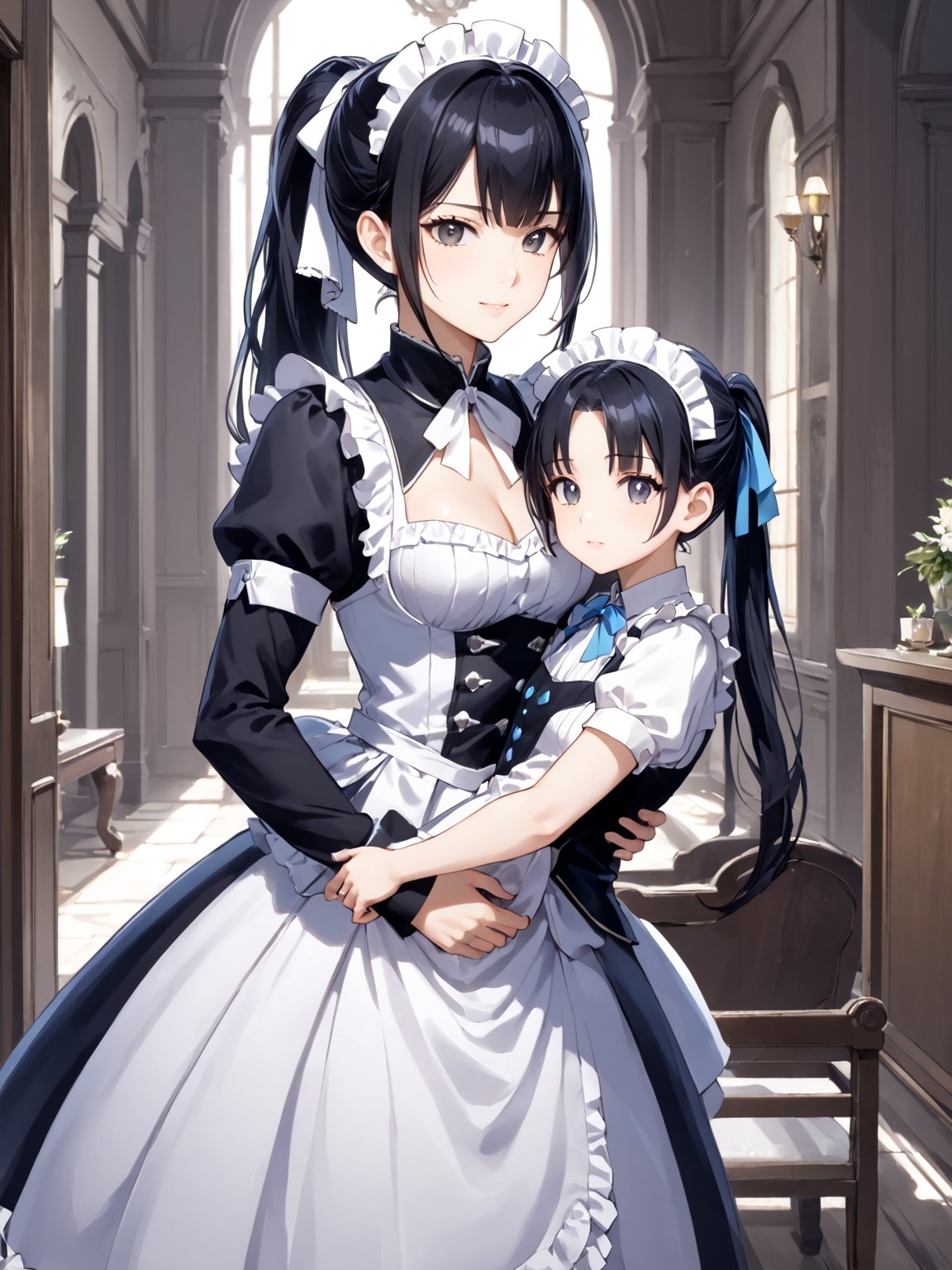 score_9,score_8_up,score_7_up,score_6_up, masterpiece, best quality, highres
,//Character, 
1girl,narberal gamma \(overlord\), long hair, black hair, glay eyes, bangs, ponytail, medium breats
,//Fashion, 
maid
,//Background, 
,//Others, ,Expressiveh, 
A young girl hugging her little brother tightly after he takes his first steps, their parents watching proudly in the background.