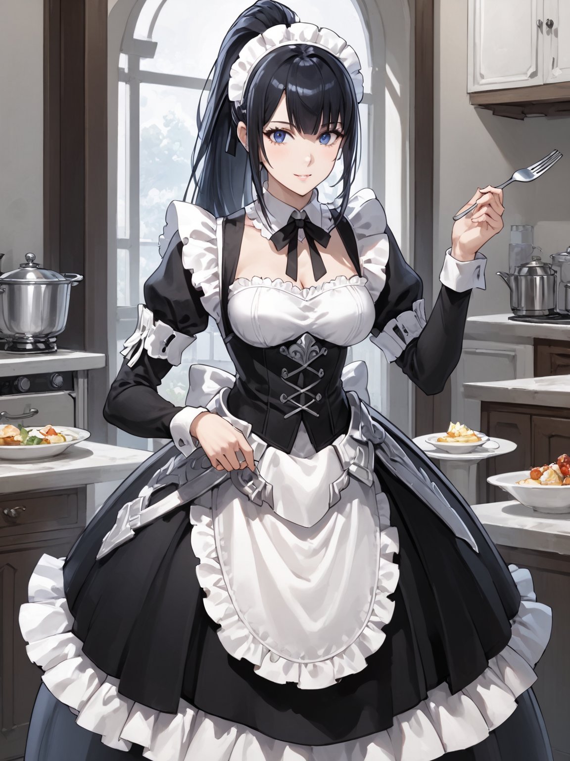 score_9,score_8_up,score_7_up,score_6_up, masterpiece, best quality, highres
,//Character, 
1girl, solo,narberal gamma \(overlord\), long hair, black hair, glay eyes, bangs, ponytail, medium breats
,//Fashion, 
maid
,//Background, 
,//Others, ,Expressiveh, 
A girl conducting an orchestra of kitchen utensils, each spoon and fork playing itself while floating in mid-air.