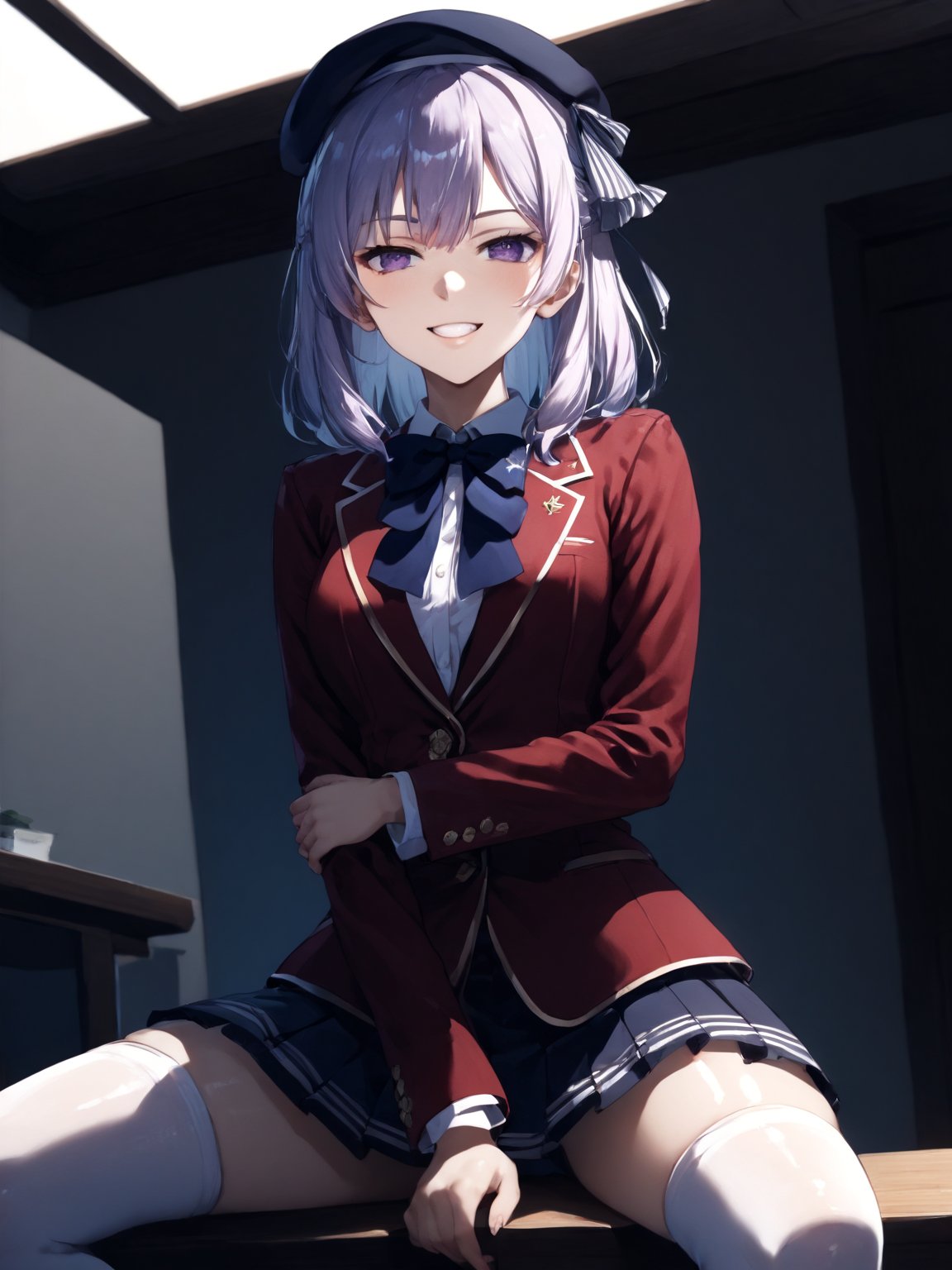 score_9,score_8_up,score_7_up,score_6_up, masterpiece, best quality, highres
,//Character, 
1girl, solo,SakayanagiArisu, medium_hair, shiny_hair, purple_eyes
,//Fashion, 
school_uniform, red_jacket
,//Background, front door,
,//Others, ,Expressiveh,
female focus, looking at viewer, (spread legs:1.2), (crossed arms), from below, grin