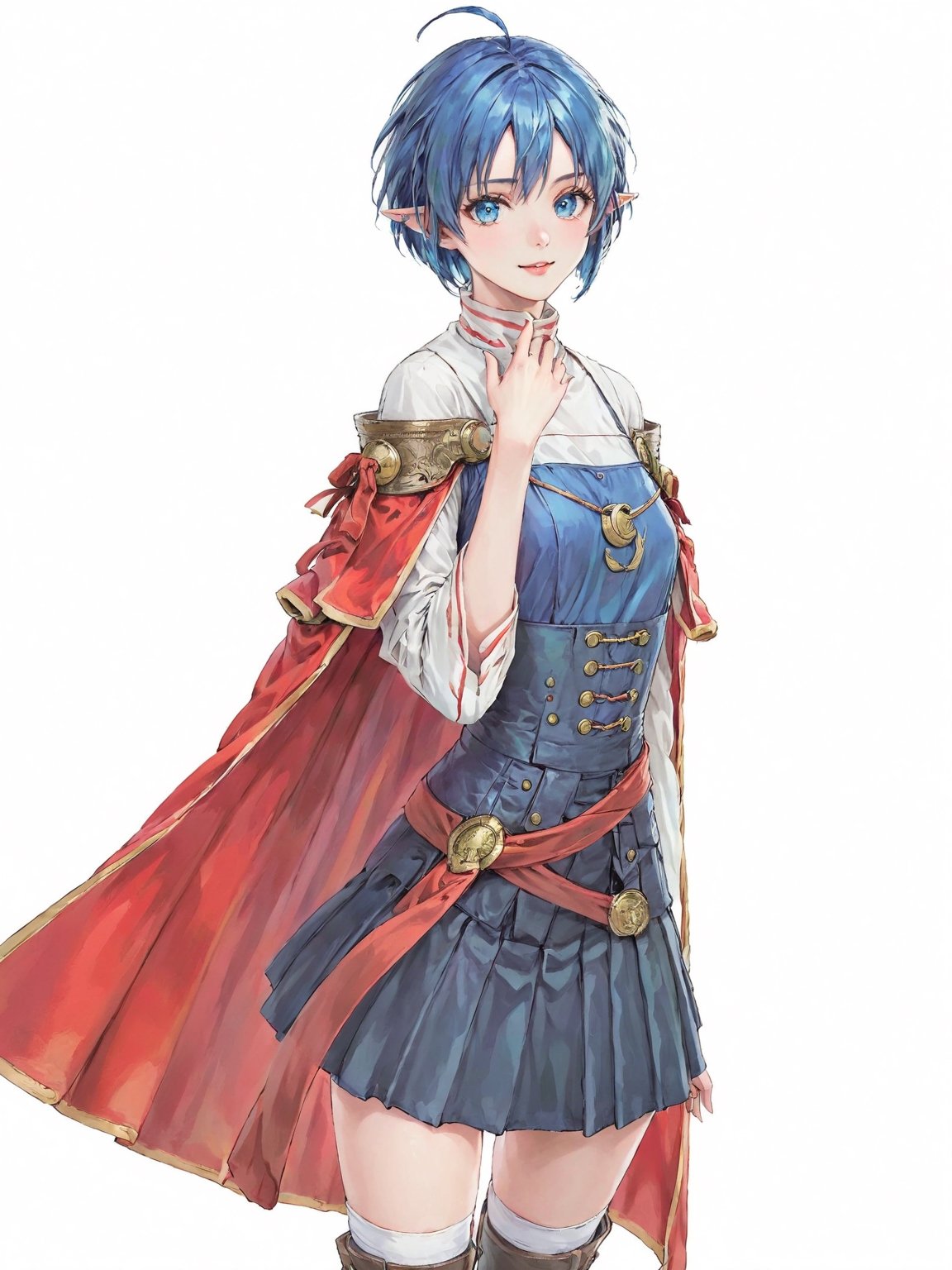 //Quality, masterpiece, best quality, detailmaster2, 8k, 8k UHD, ultra detailed, ultra-high resolution, ultra-high definition, highres, 
//Character, 1girl, solo, blue eyes, short hair, blue hair, pointy ears, ahoge,
//Fashion, red cape, skirt, thighhighs, crescent hair ornament,
//Background, white background, 
//Others, looking at viewer, smile, from_side