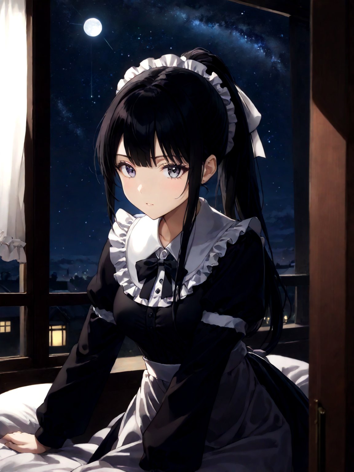 score_9,score_8_up,score_7_up,score_6_up, masterpiece, best quality, highres
,//Character, 
1girl,narberal gamma \(overlord\), long hair, black hair, glay eyes, bangs, ponytail, medium breats
,//Fashion, 
maid
,//Background, 
,//Others, ,Expressiveh, 
A girl in pajamas stargazing from her bedroom window, her wonder-filled eyes reflecting the night sky.