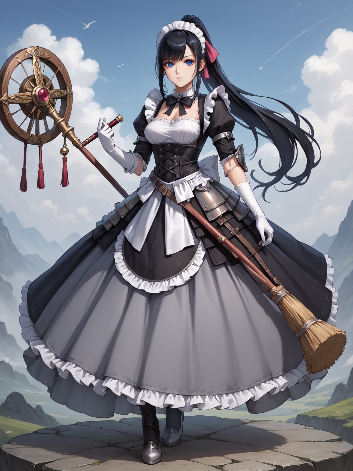 score_9,score_8_up,score_7_up,score_6_up, masterpiece, best quality, highres
,//Character, 
1girl, solo,narberal gamma \(overlord\), long hair, black hair, glay eyes, bangs, ponytail, medium breats
,//Fashion, 
ribbon, bow, maid, dress, armor, gloves
,//Background, 
,//Others, ,Expressiveh, female focus,
A girl riding a giant pencil like a witch's broomstick, soaring through a sky filled with floating mathematical equations.