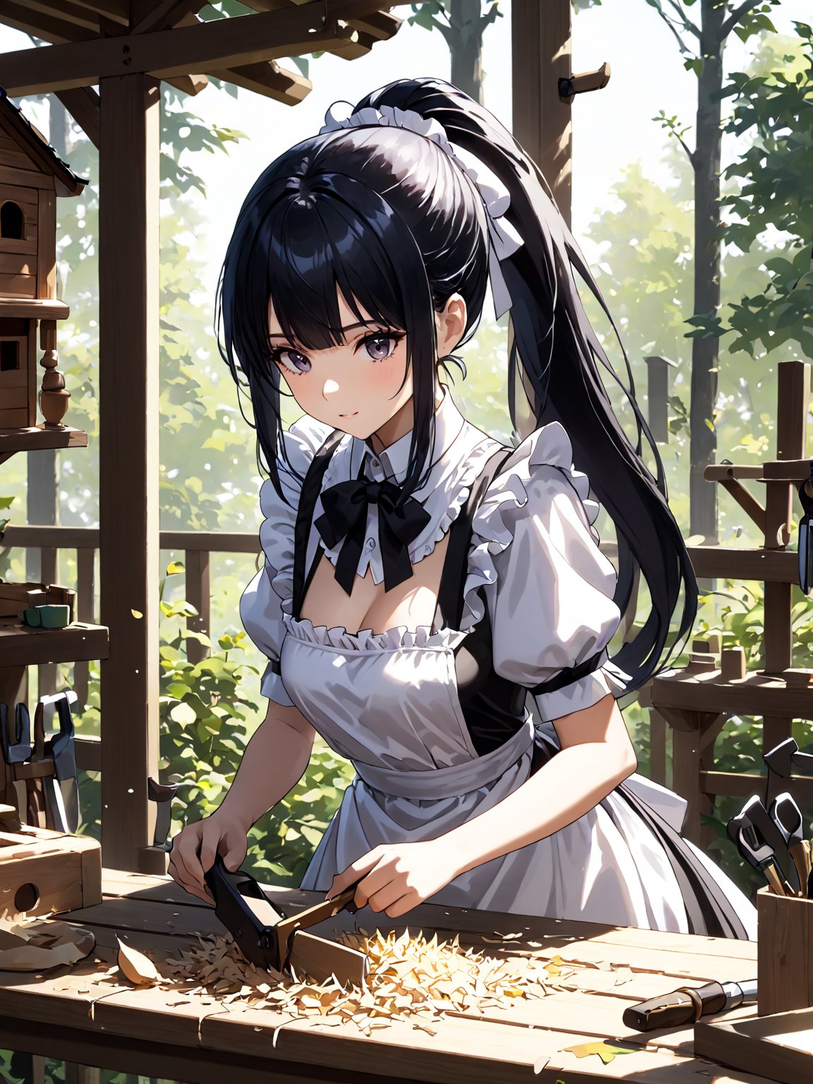score_9,score_8_up,score_7_up,score_6_up, masterpiece, best quality, highres
,//Character, 
1girl,narberal gamma \(overlord\), long hair, black hair, glay eyes, bangs, ponytail, medium breats
,//Fashion, 
maid
,//Background, 
,//Others, ,Expressiveh, 
A girl and her father building a birdhouse together in a sun-dappled backyard, surrounded by tools and wood shavings.