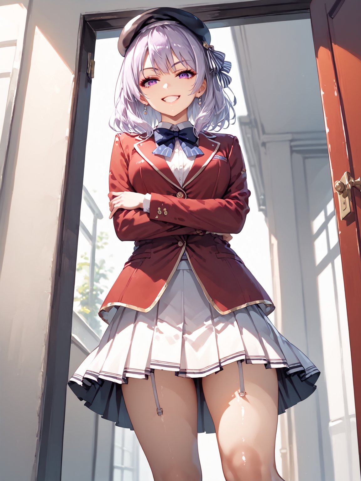 score_9,score_8_up,score_7_up,score_6_up, masterpiece, best quality, highres
,//Character, 
1girl, solo,SakayanagiArisu, medium_hair, shiny_hair, purple_eyes
,//Fashion, 
school_uniform, red_jacket
,//Background, front door,
,//Others, ,Expressiveh,
female focus, looking at viewer, (spread legs), (crossed arms), from below, grin