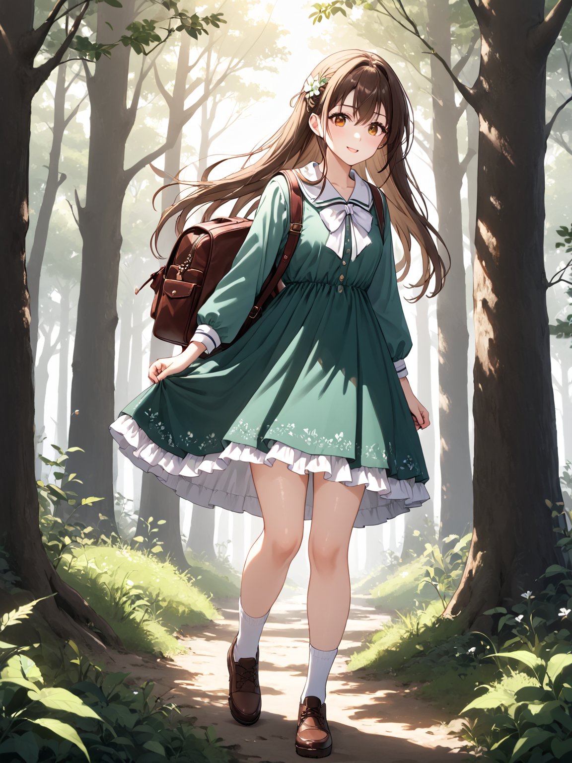 masterpiece, best quality, highres
,//Character, 
1girl, solo
,//Fashion, 
,//Background, white background
,//Others, ,Expressiveh, 
,AobaTsukuyo,
A young girl with long brown hair and bright eyes, standing at the edge of a magical forest. She's wearing a simple dress and holding a small backpack. Sunlight filters through the trees, creating a mystical atmosphere. The girl looks excited and slightly nervous.