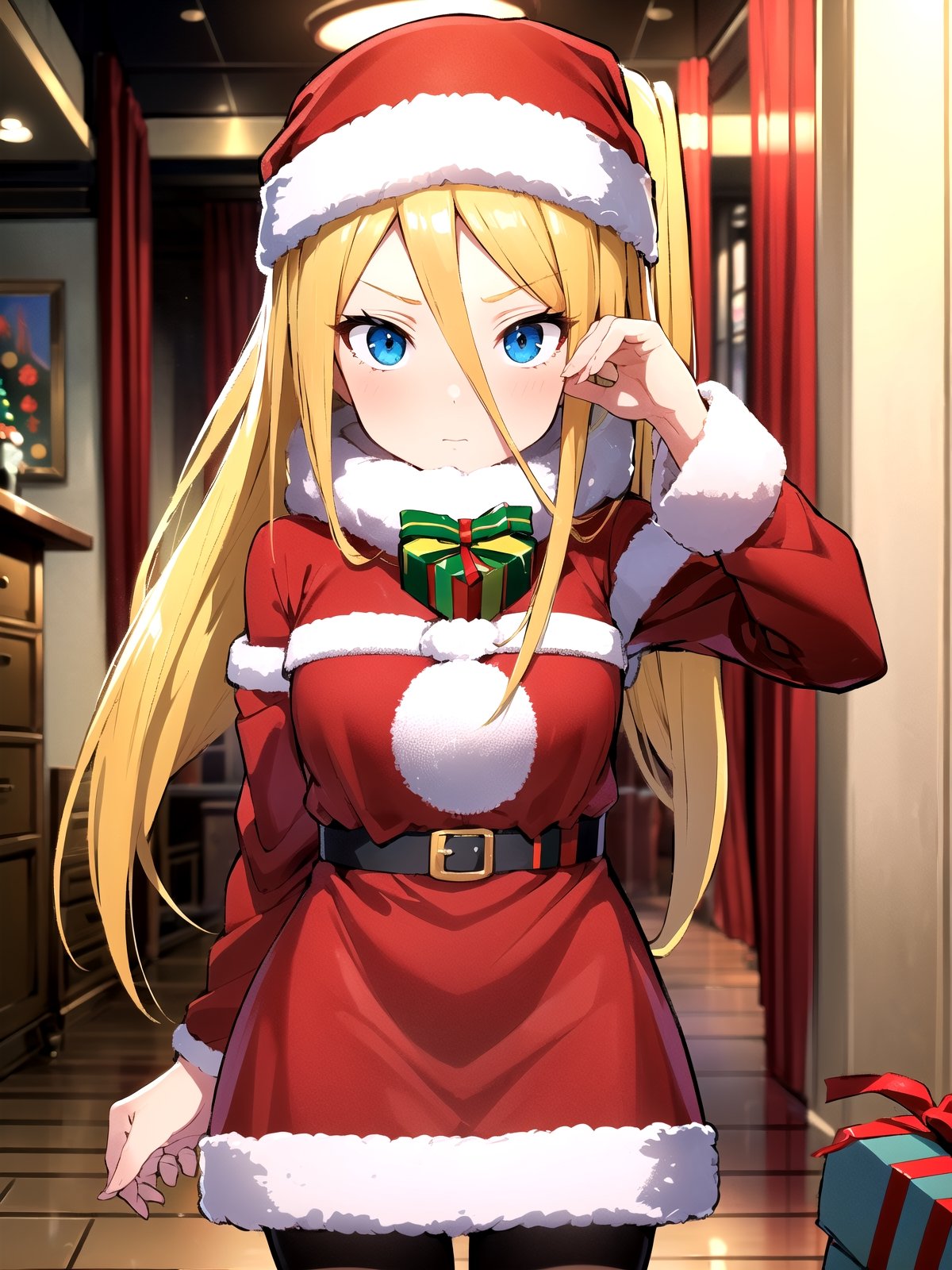 //Quality,
(masterpiece), (best quality), 8k illustration,
//Character,
overlordentoma, 1girl, solo, gift
//Fashion,
santa_costume,
//Background,
indoors, christmas, 
//Others,
evileye_overlord