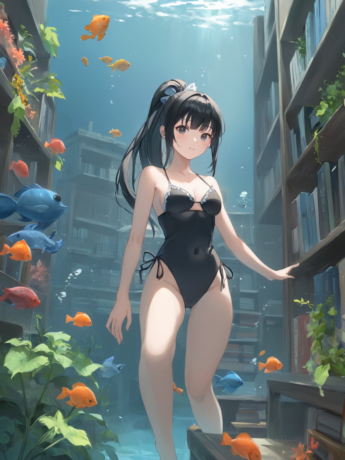 score_9,score_8_up,score_7_up,score_6_up, masterpiece, best quality, highres
,//Character, 
1girl,narberal gamma \(overlord\), long hair, black hair, glay eyes, bangs, ponytail, medium breats
,//Fashion, 
bikini
,//Background, 
,//Others, ,Expressiveh, 
A girl in scuba gear exploring an underwater library, with fish swimming between bookshelves and seaweed growing from old tomes.