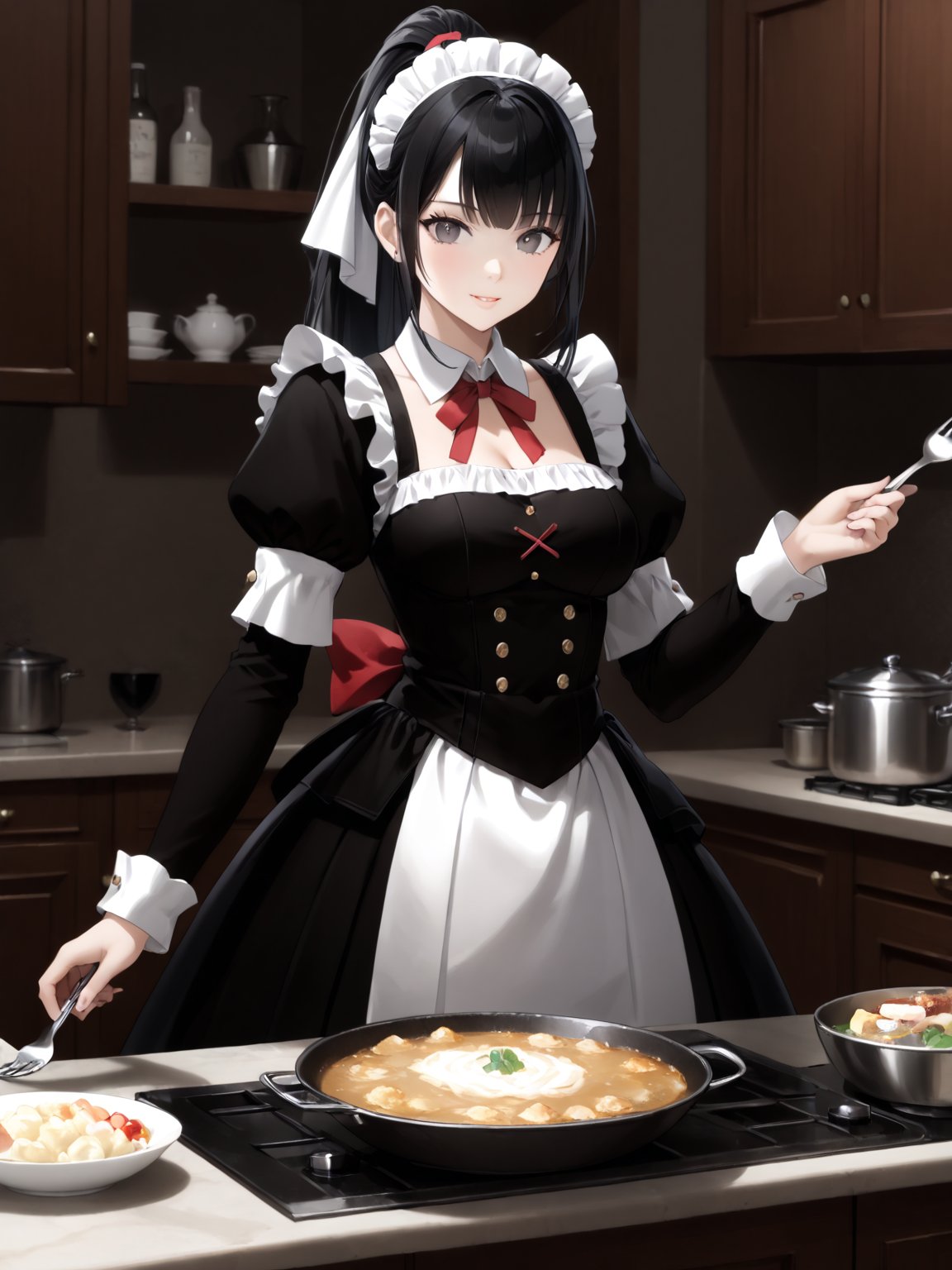 score_9,score_8_up,score_7_up,score_6_up, masterpiece, best quality, highres
,//Character, 
1girl,narberal gamma \(overlord\), long hair, black hair, glay eyes, bangs, ponytail, medium breats
,//Fashion, 
maid
,//Background, 
,//Others, ,Expressiveh, 
A girl conducting an orchestra of kitchen utensils, each spoon and fork playing itself while floating in mid-air.