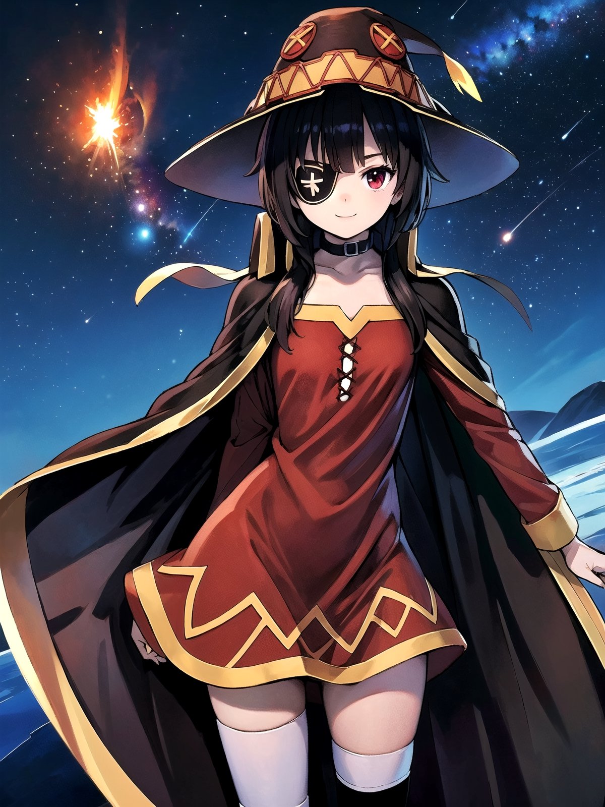 //Quality,
(masterpiece), (best quality), 8k illustration
,//Character,
1girl, solo, smile
,//Fashion,
,//Background,
night sky, meteor,  
,//Others,
make a wish,Megu-KJ , megu dress , megu cape , asymmetrical legwear, right thighhighs, eyepatch,Megu-KJ,liangxing