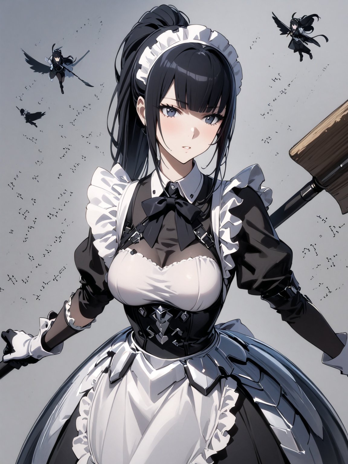 score_9,score_8_up,score_7_up,score_6_up, masterpiece, best quality, highres
,//Character, 
1girl, solo,narberal gamma \(overlord\), long hair, black hair, glay eyes, bangs, ponytail, medium breats
,//Fashion, 
ribbon, bow, maid, dress, armor, gloves
,//Background, 
,//Others, ,Expressiveh, female focus,
A girl riding a giant pencil like a witch's broomstick, soaring through a sky filled with floating mathematical equations.