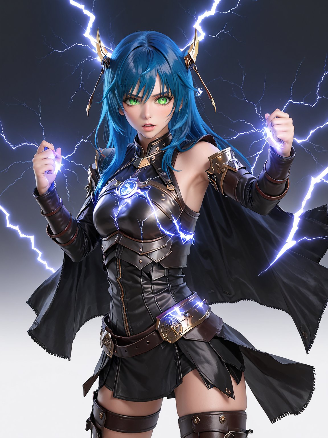 score_9,score_8_up,score_7_up,score_6_up, masterpiece, best quality, 8k, 8k UHD, ultra-high resolution, ultra-high definition, highres
,//Character, 
1girl, solo,MariaTraitor_SO3, green eyes, long hair, blue hair
,//Fashion, 
armor, fingerless gloves, pantyhose
,//Background, white_background
,//Others, ,Expressiveh, 
lightning magic charging, glowing magical runes, electric magic, lightning, Her hands command orbs of electric, a raging lightning dances, action shot, fighting stance, dynamic pose