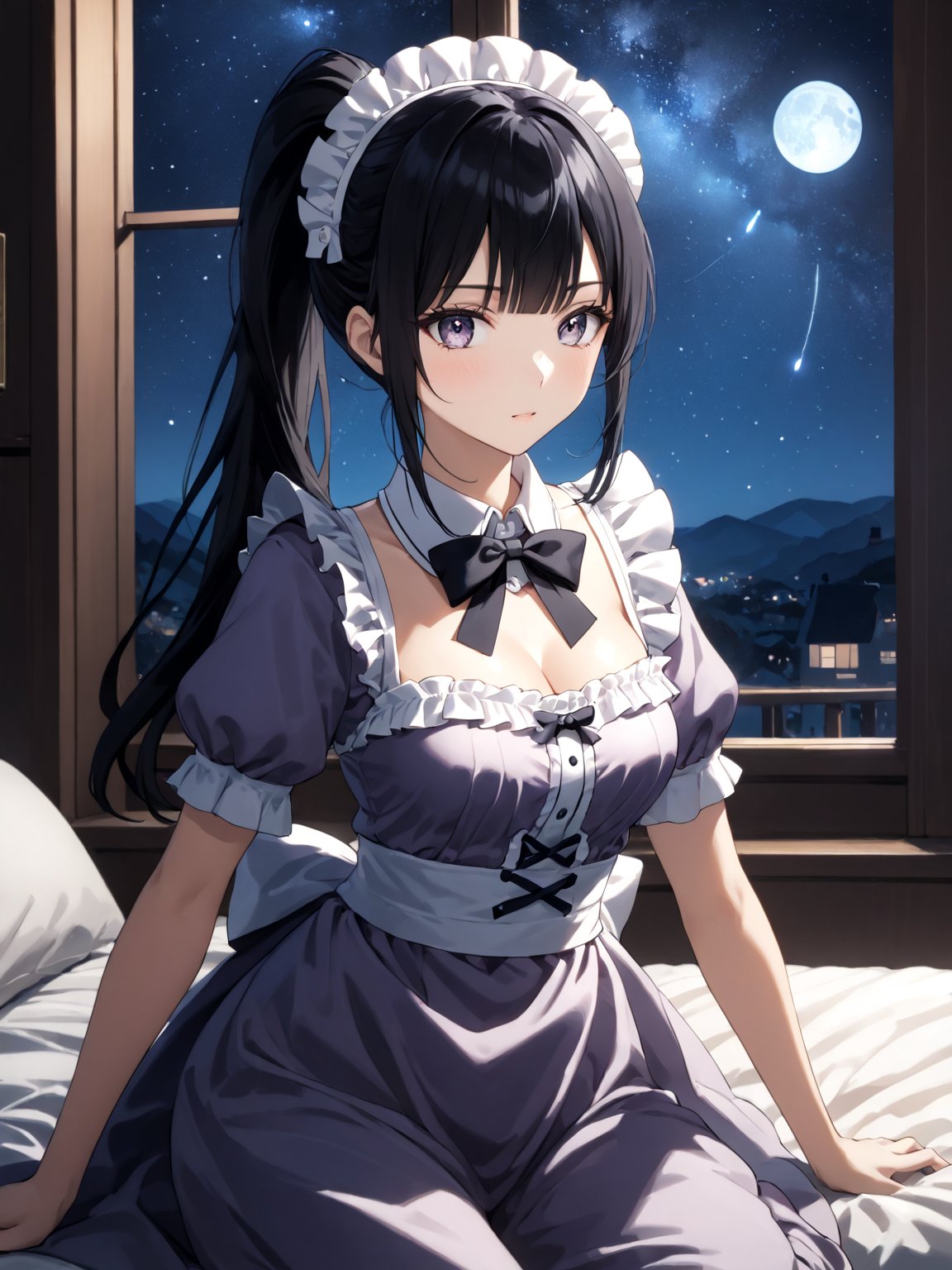 score_9,score_8_up,score_7_up,score_6_up, masterpiece, best quality, highres
,//Character, 
1girl,narberal gamma \(overlord\), long hair, black hair, glay eyes, bangs, ponytail, medium breats
,//Fashion, 
maid
,//Background, 
,//Others, ,Expressiveh, 
A girl in pajamas stargazing from her bedroom window, her wonder-filled eyes reflecting the night sky.