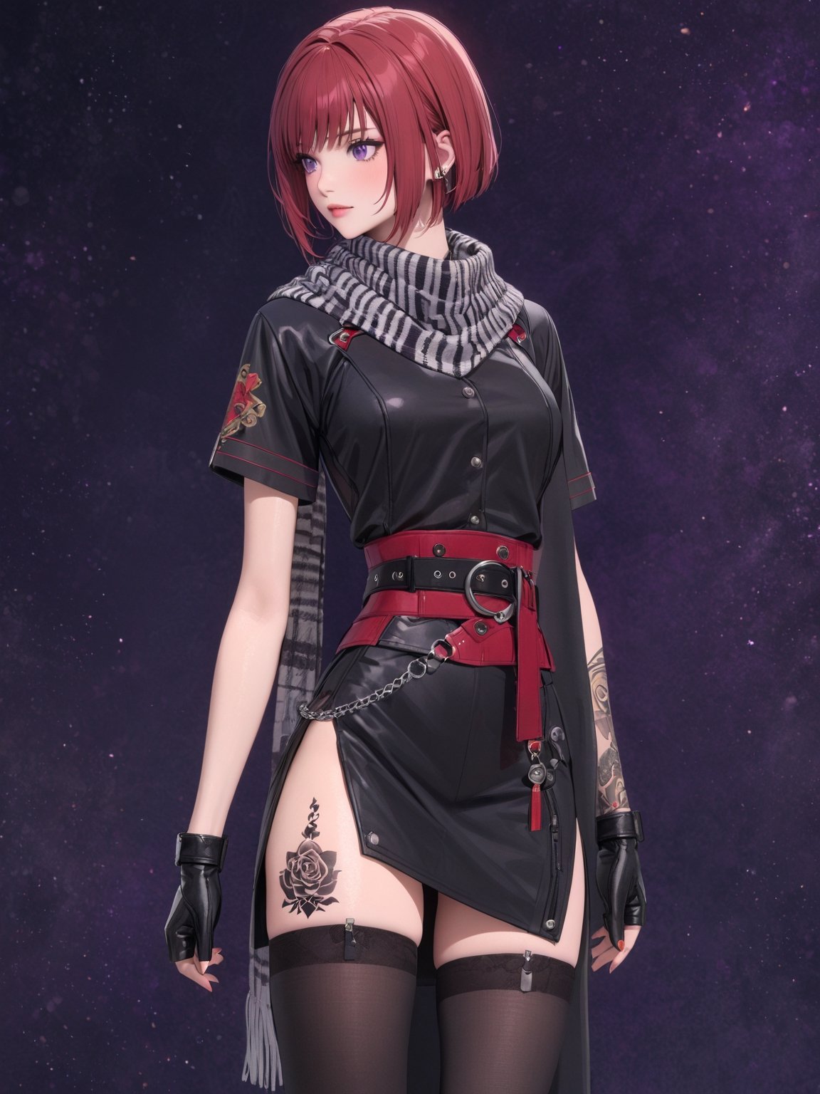 //Quality, masterpiece, best quality, detailmaster2, 8k, 8k UHD, ultra detailed, ultra-high resolution, ultra-high definition, highres, 
//Character, 1girl, solo, NelZelpher_SO3, purple eyes, short hair, red hair, tattoo,
//Fashion, black thighhighs, scarf, 
//Background, white background, 
//Others, 