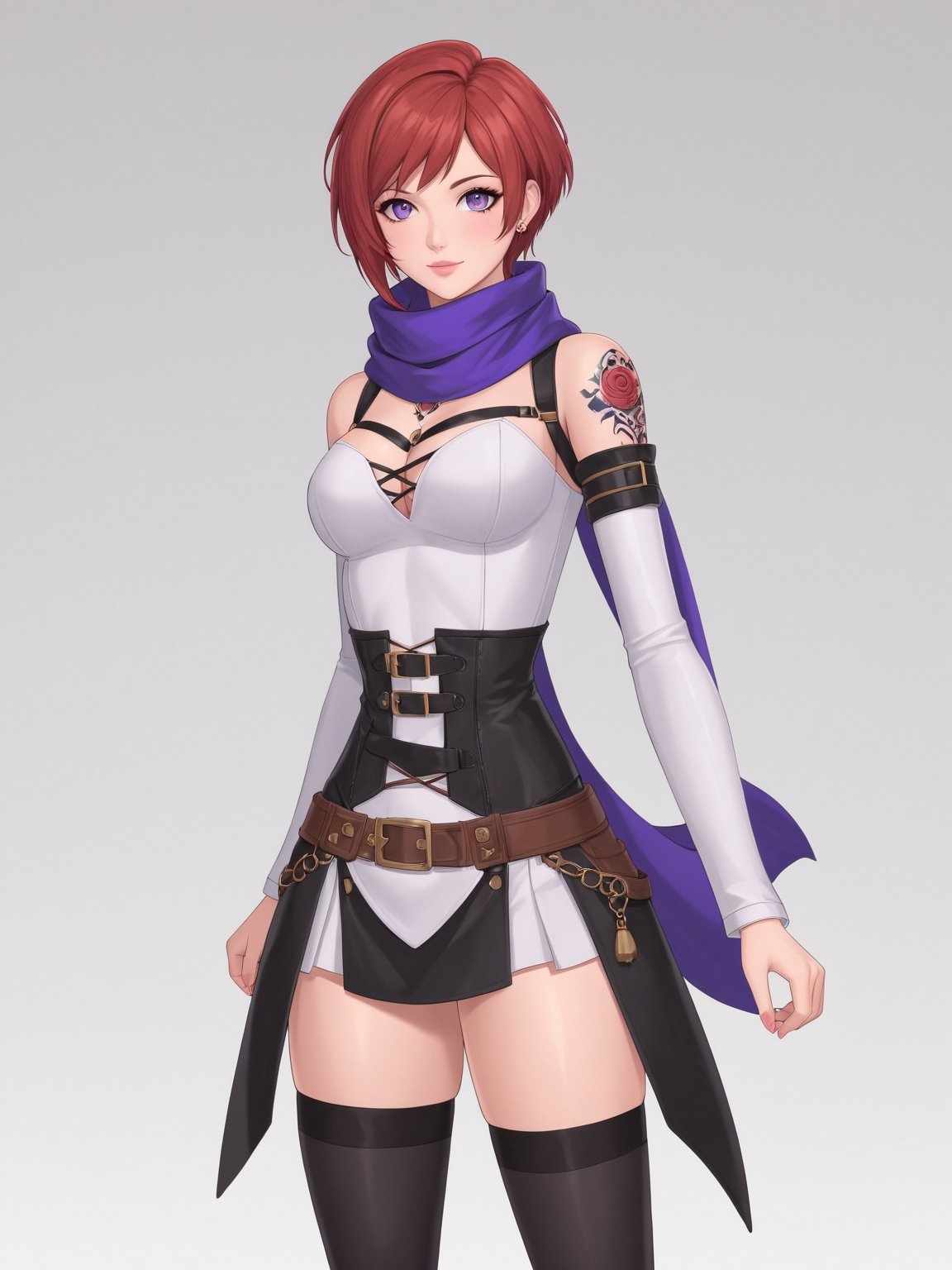 //Quality, masterpiece, best quality, detailmaster2, 8k, 8k UHD, ultra detailed, ultra-high resolution, ultra-high definition, highres, 
//Character, 1girl, solo, NelZelpher_SO3, purple eyes, short hair, red hair, tattoo,
//Fashion, black thighhighs, scarf, 
//Background, white background, 
//Others, 