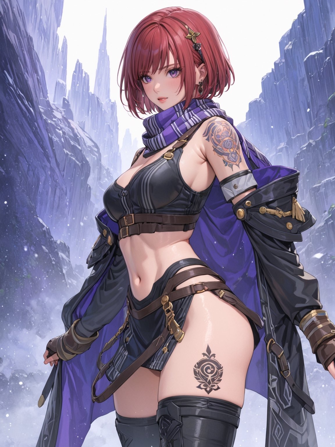 //Quality, masterpiece, best quality, detailmaster2, 8k, 8k UHD, ultra detailed, ultra-high resolution, ultra-high definition, highres, 
//Character, 1girl, solo, NelZelpher_SO3, purple eyes, short hair, red hair, tattoo,
//Fashion, black thighhighs, scarf, 
//Background, white background, 
//Others, 