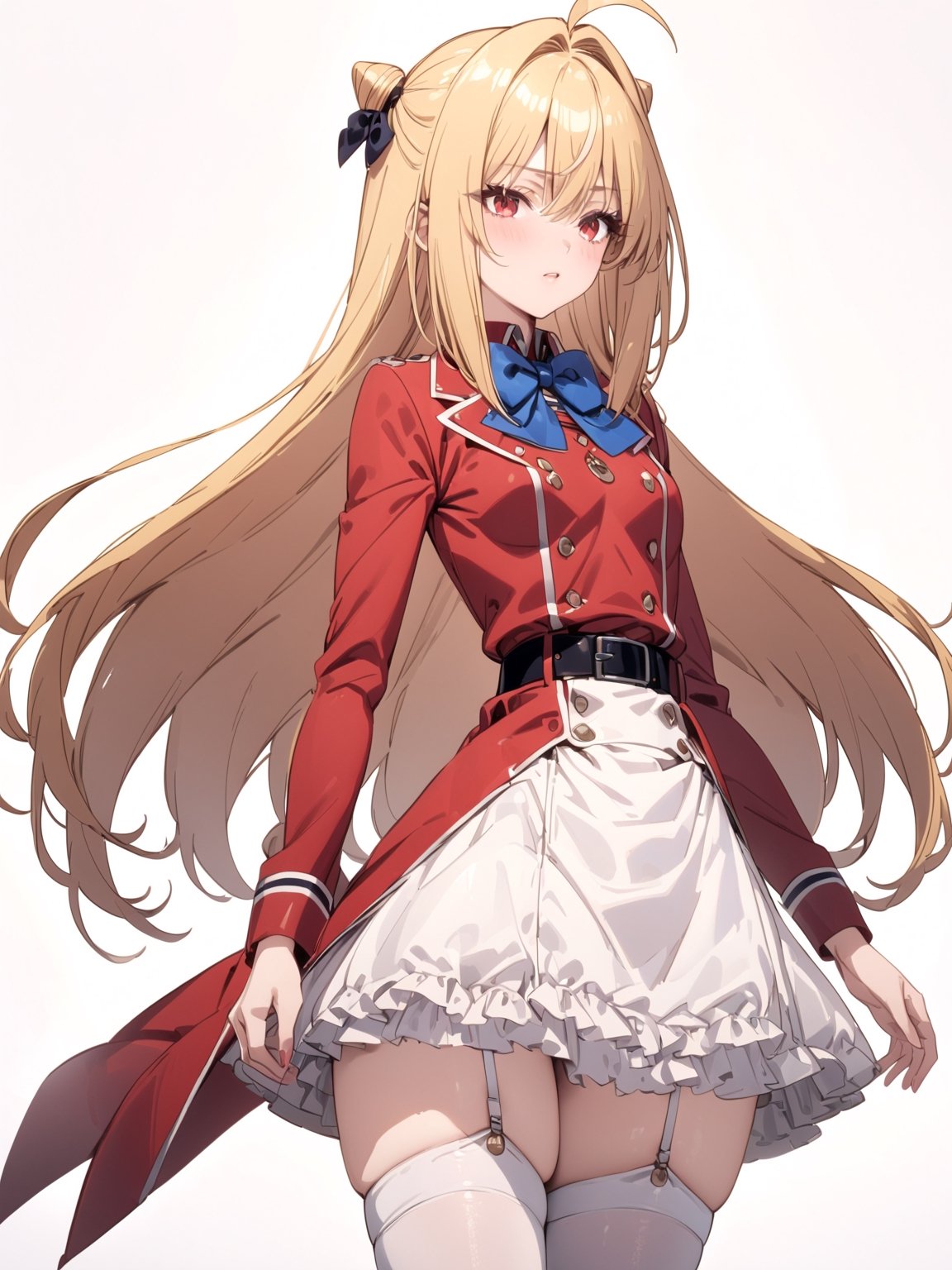 //Quality, masterpiece, best quality, detailmaster2, 8k, 8k UHD, ultra detailed, ultra-high resolution, ultra-high definition, highres, 
//Character, 1girl, solo,Terakomari, long hair, blonde hair, red eyes, ahoge, 
//Fashion, red coat, belt buckle, blue bowtie, long sleeves, white skirt, bow, white thighhighs, garter straps, boots, 
//Background, white background, 
//Others, 