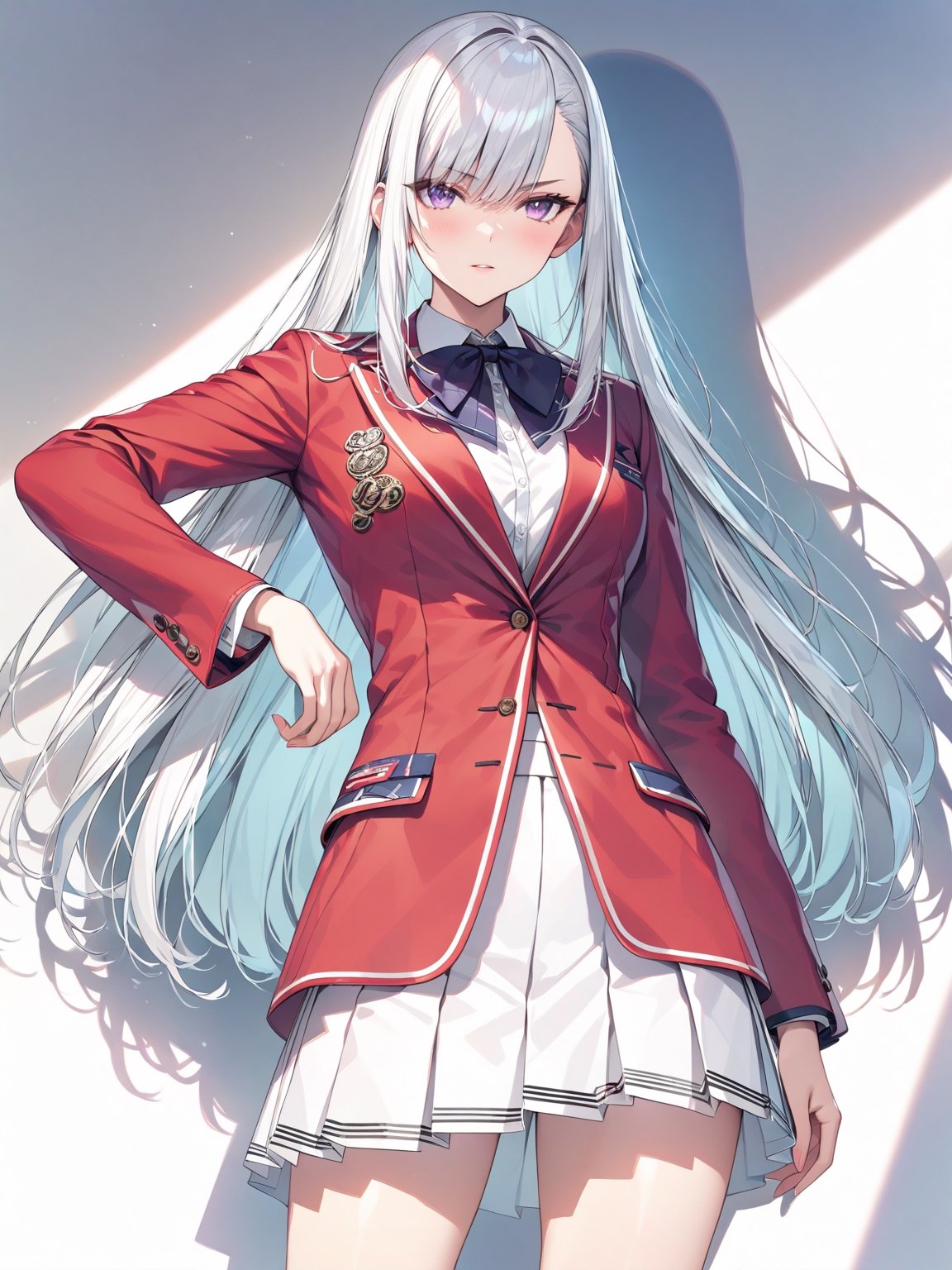 //Character, solo, 1girl, white hair, purple eyes,
//Fashion, school uniform, red jacket, pleated skirt,
//Background, simple background, 
//Quality, (masterpiece), best quality, ultra-high resolution, ultra-high definition, highres, intricate, intricate details, absurdres, highly detailed, finely detailed, ultra-detailed, ultra-high texture quality, natural lighting, natural shadow, dramatic shading, dramatic lighting, vivid colour, perfect anatomy, 
//Others, 