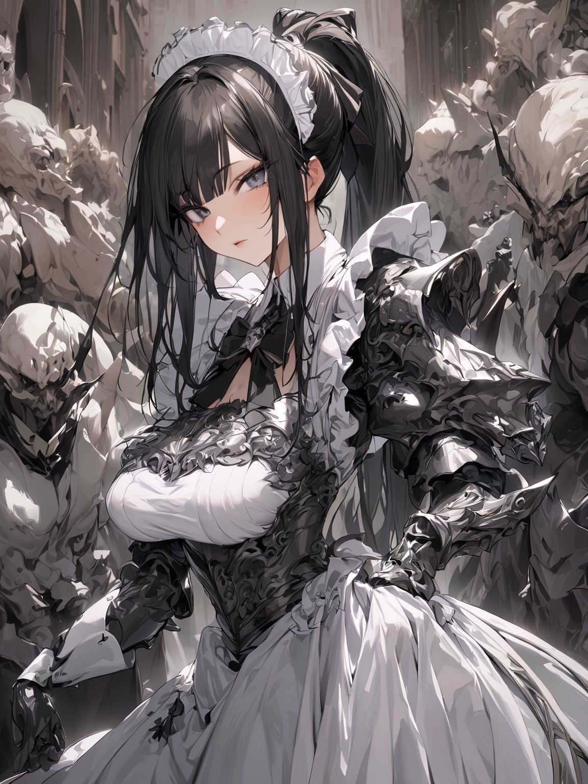 //Quality,
masterpiece, best quality, detailed
,//Character,
1girl, solo
,//Fashion,
,//Background,
,//Others,
,narberal gamma \(overlord\), 1girl, long hair, black hair, glay eyes, bangs, ponytail, medium breats, ribbon, bow, maid, dress, armor, gloves