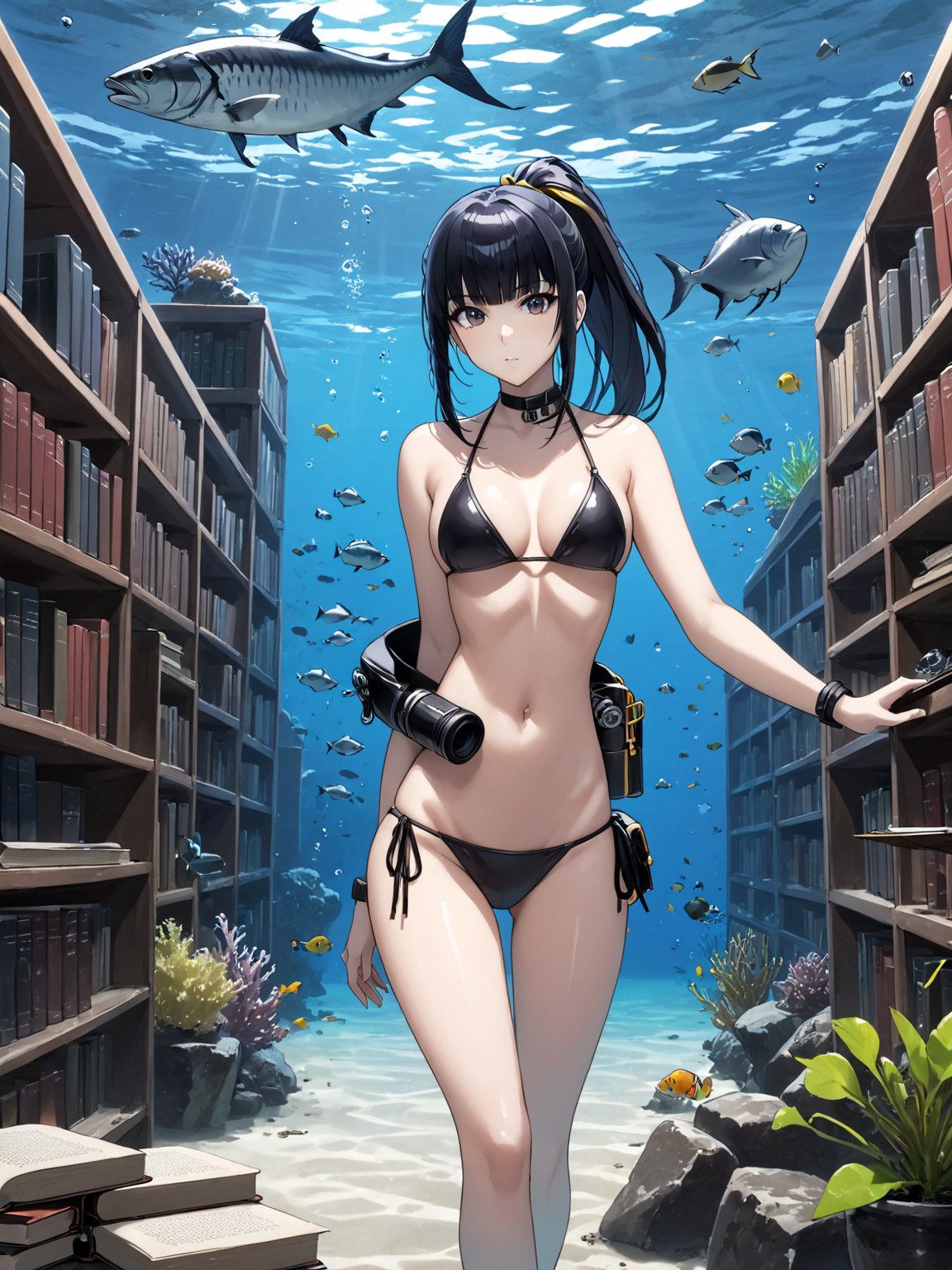 score_9,score_8_up,score_7_up,score_6_up, masterpiece, best quality, highres
,//Character, 
1girl, solo,narberal gamma \(overlord\), long hair, black hair, glay eyes, bangs, ponytail, medium breats
,//Fashion, 
bikini
,//Background, 
,//Others, ,Expressiveh, 
A girl in scuba gear exploring an underwater library, with fish swimming between bookshelves and seaweed growing from old tomes.