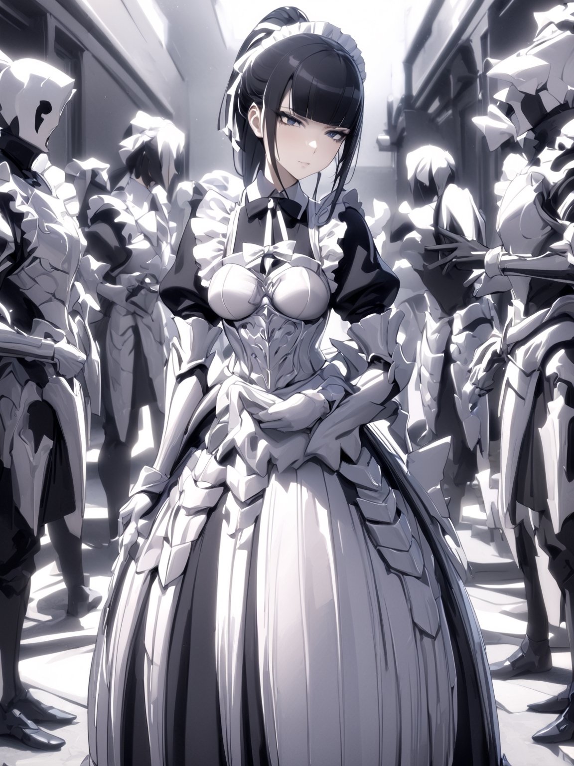 //Quality,
masterpiece, best quality, detailed
,//Character,
1girl, solo
,//Fashion,
,//Background,
,//Others,
,narberal gamma \(overlord\), 1girl, long hair, black hair, glay eyes, bangs, ponytail, medium breats, ribbon, bow, maid, dress, armor, gloves