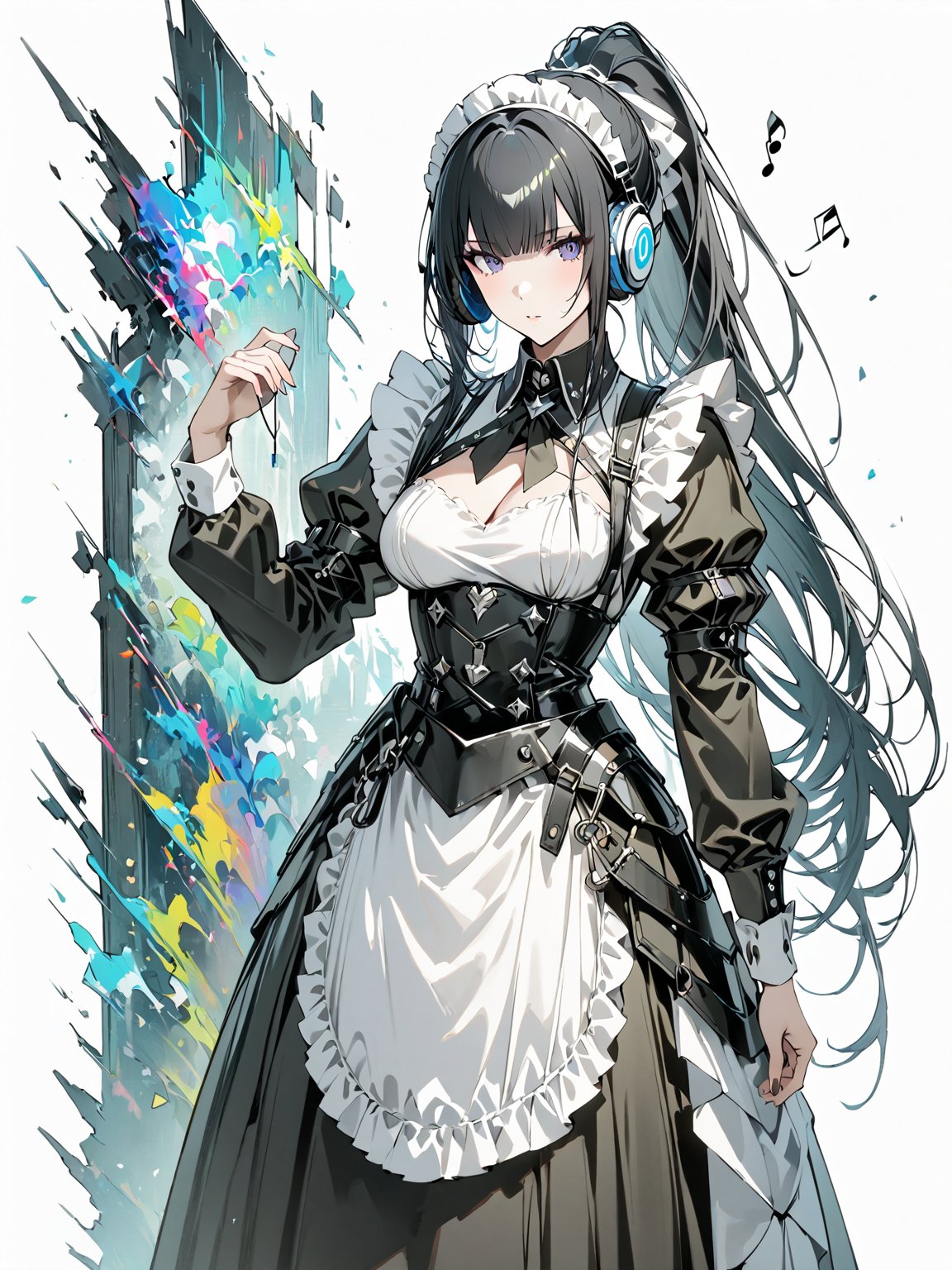 score_9,score_8_up,score_7_up,score_6_up, masterpiece, best quality, highres
,//Character, 
1girl, solo,narberal gamma \(overlord\), long hair, black hair, glay eyes, bangs, ponytail, medium breats
,//Fashion, 
maid
,//Background, 
,//Others, ,Expressiveh, 
A girl wearing headphones, with music notes visibly flowing out and transforming the world around her into colorful, abstract shapes.