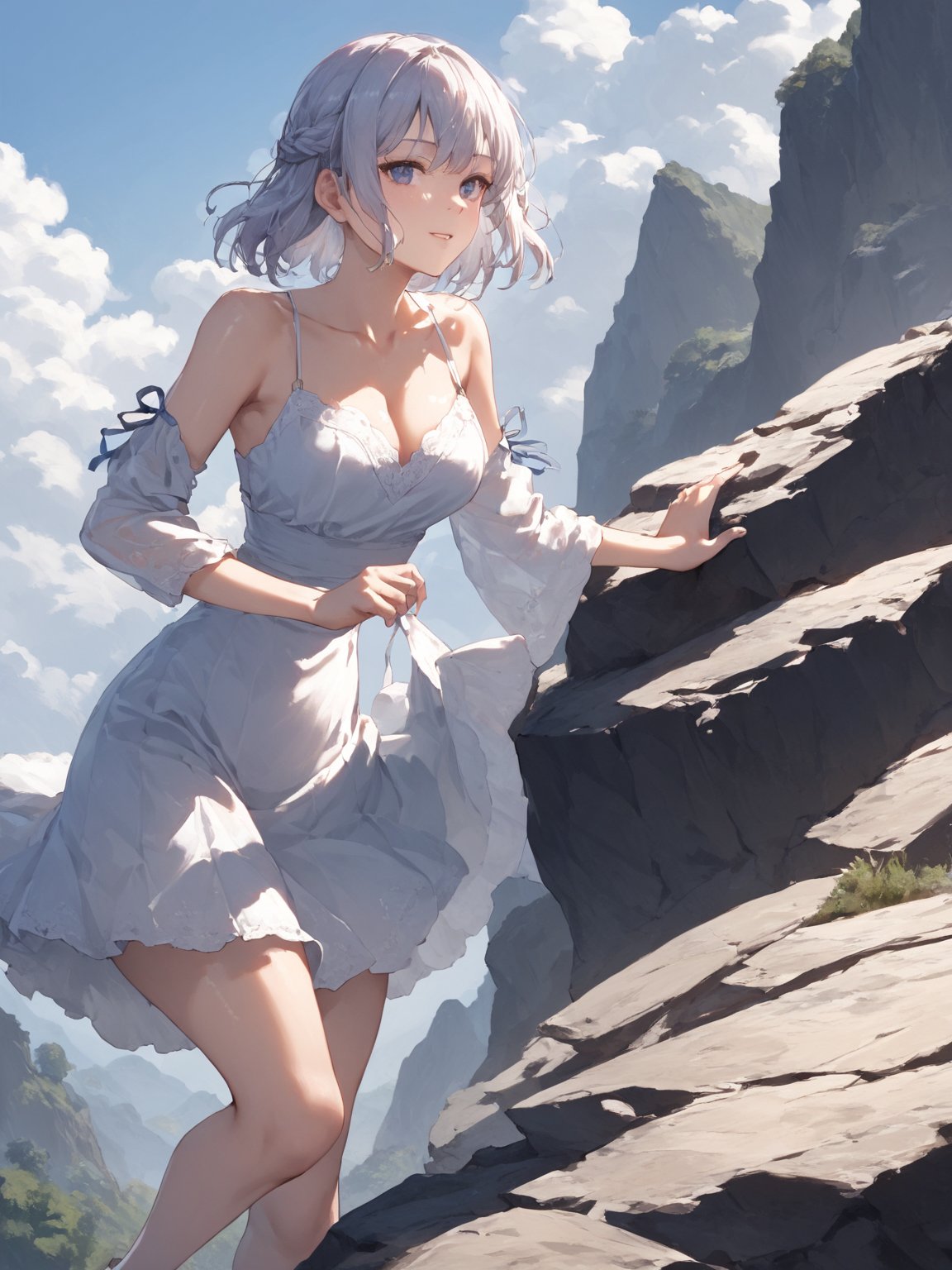 score_9,score_8_up,score_7_up,score_6_up, masterpiece, best quality, highres
,//Character, 
1girl, solo,SakayanagiArisu
,//Fashion, 

,//Background, 
,//Others, ,Expressiveh,
The girl climbing a steep, rocky cliff face. Her dress is slightly torn, and her hair is windswept. She's reaching for a handhold, determination evident on her face. Dark storm clouds gather in the background, adding drama to the scene.