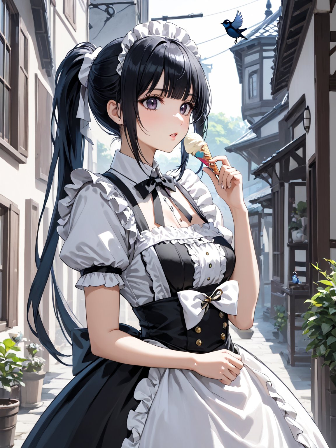 score_9,score_8_up,score_7_up,score_6_up, masterpiece, best quality, highres
,//Character, 
1girl,narberal gamma \(overlord\), long hair, black hair, glay eyes, bangs, ponytail, medium breats
,//Fashion, 
maid
,//Background, 
,//Others, ,Expressiveh, 
A girl sharing her ice cream cone with a tiny bird perched on her finger, both looking curious and content.