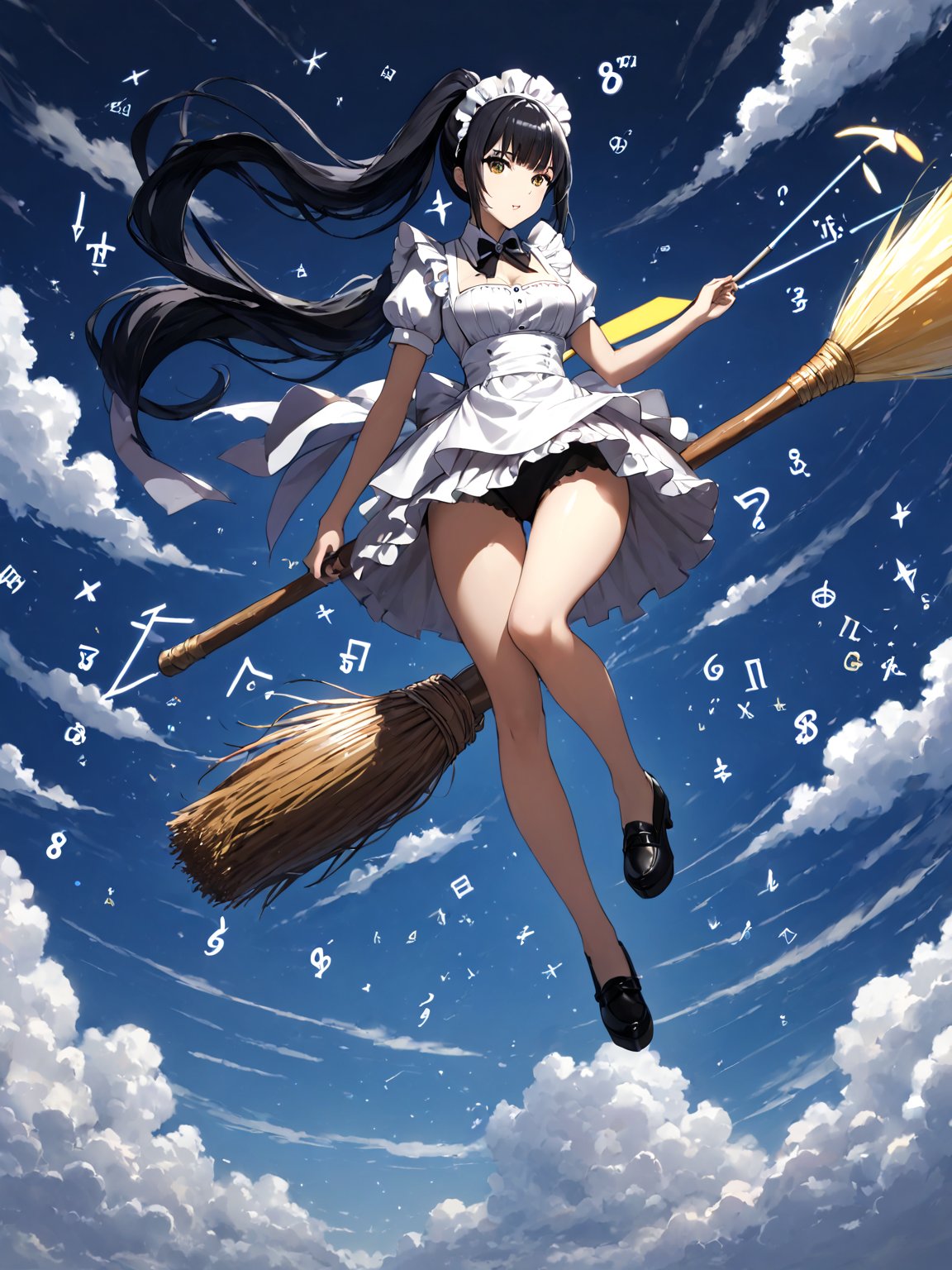 score_9,score_8_up,score_7_up,score_6_up, masterpiece, best quality, highres
,//Character, 
1girl,narberal gamma \(overlord\), long hair, black hair, glay eyes, bangs, ponytail, medium breats
,//Fashion, 
maid
,//Background, 
,//Others, ,Expressiveh, 
A girl riding a giant pencil like a witch's broomstick, soaring through a sky filled with floating mathematical equations.