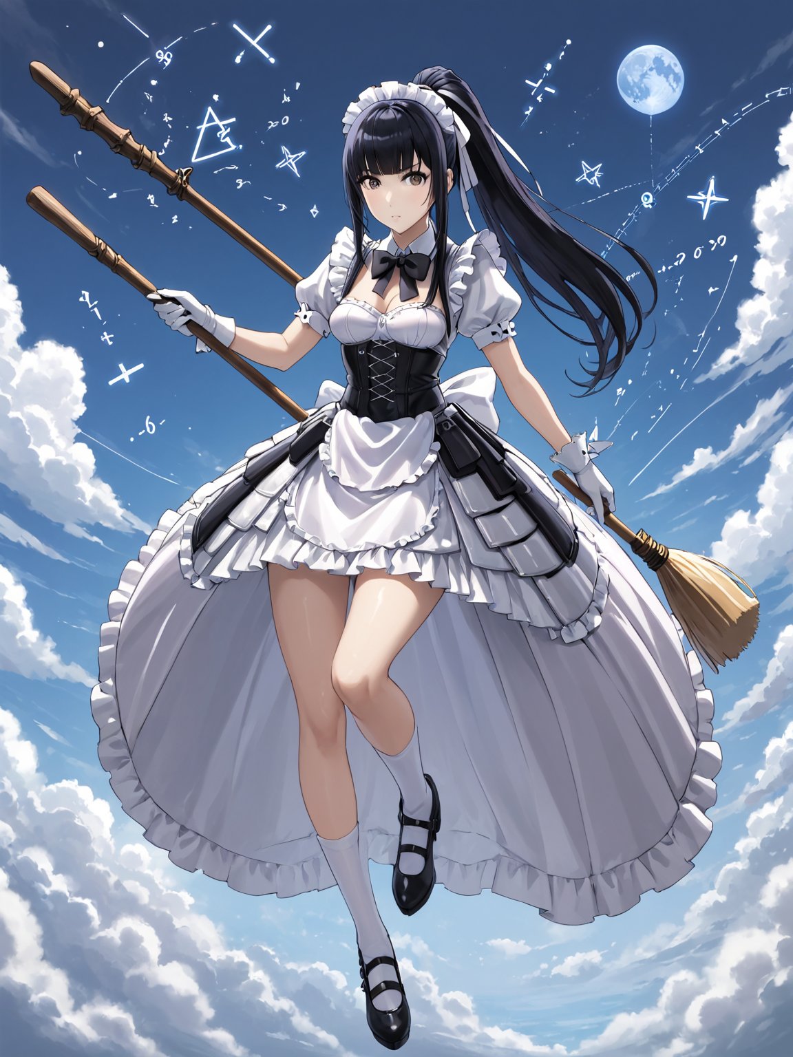 score_9,score_8_up,score_7_up,score_6_up, masterpiece, best quality, highres
,//Character, 
1girl, solo,narberal gamma \(overlord\), long hair, black hair, glay eyes, bangs, ponytail, medium breats
,//Fashion, 
ribbon, bow, maid, dress, armor, gloves
,//Background, 
,//Others, ,Expressiveh, female focus,
A girl riding a giant pencil like a witch's broomstick, soaring through a sky filled with floating mathematical equations.