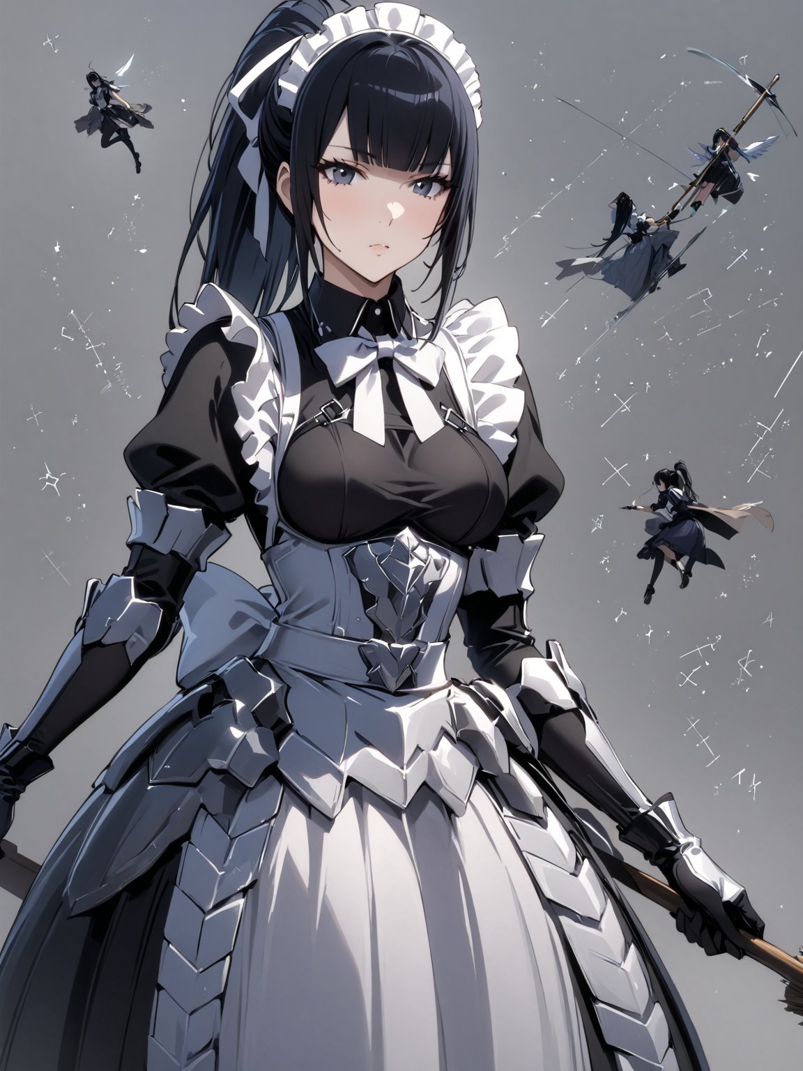 score_9,score_8_up,score_7_up,score_6_up, masterpiece, best quality, highres
,//Character, 
1girl, solo,narberal gamma \(overlord\), long hair, black hair, glay eyes, bangs, ponytail, medium breats
,//Fashion, 
ribbon, bow, maid, dress, armor, gloves
,//Background, 
,//Others, ,Expressiveh, female focus,
A girl riding a giant pencil like a witch's broomstick, soaring through a sky filled with floating mathematical equations.