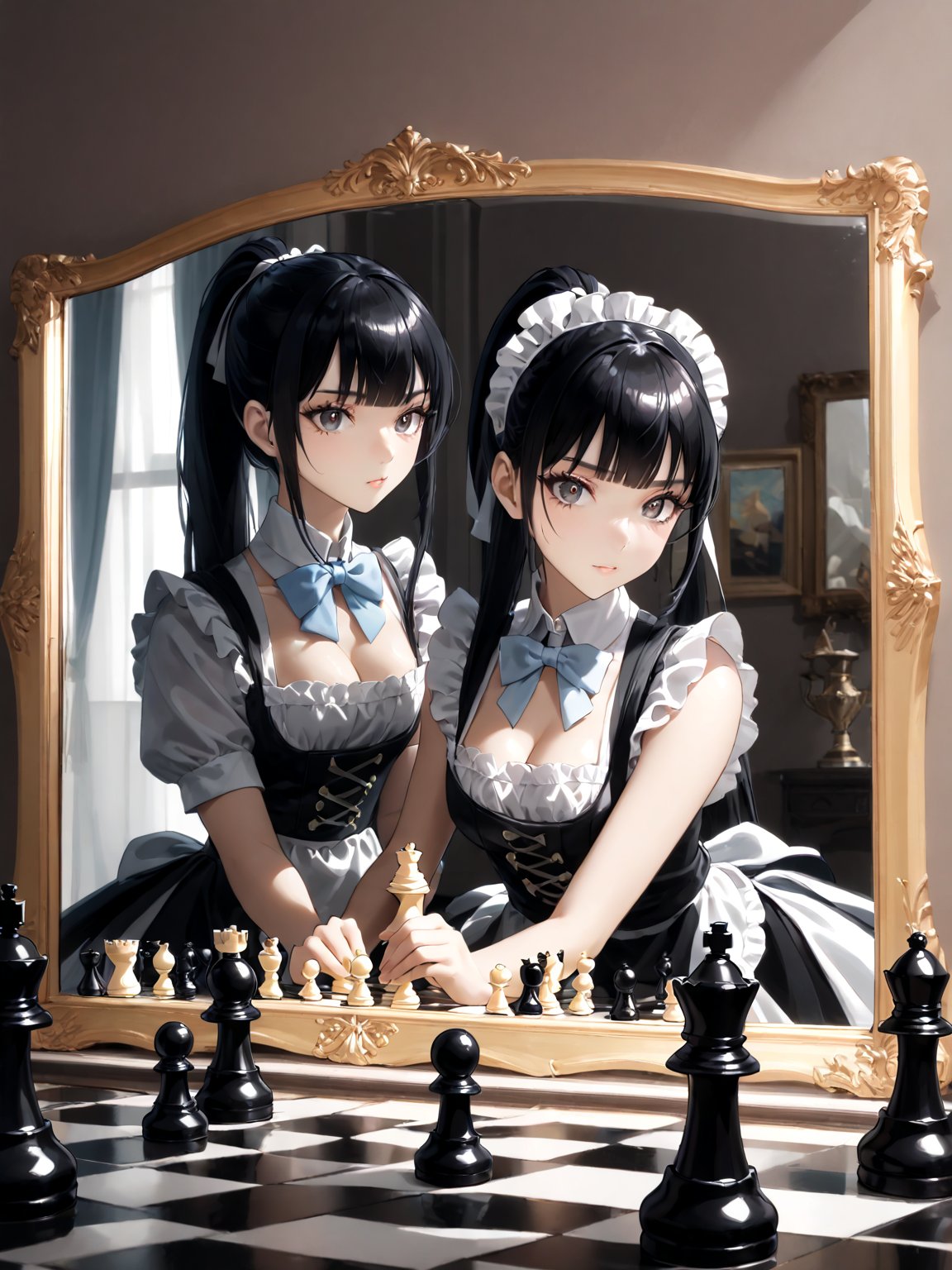 score_9,score_8_up,score_7_up,score_6_up, masterpiece, best quality, highres
,//Character, 
1girl, solo,narberal gamma \(overlord\), long hair, black hair, glay eyes, bangs, ponytail, medium breats
,//Fashion, 
maid
,//Background, 
,//Others, ,Expressiveh, 
A girl playing chess with her own reflection in a mirror, but the reflection is moving the pieces independently.