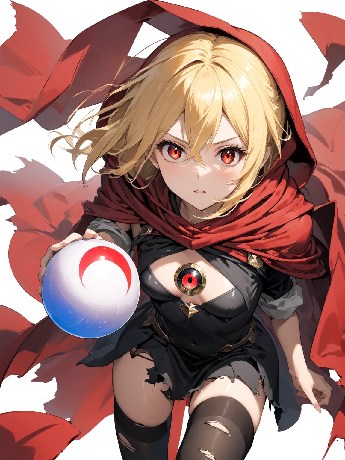 score_9,score_8_up,score_7_up,score_6_up, masterpiece, best quality, 8k, 8k UHD, ultra-high resolution, ultra-high definition, highres
,//Character, 
1girl, solo,Evileye \(overlord\), blonde hair, red eyes, hair between eyes, small breasts
,//Fashion, 
hood, black dress, torn clothes, covered navel, red cloak, hooded cloak, black thighhighs, torn thighhighs, 
hood up
,//Background, white_background
,//Others, ,Expressiveh,
dynamic pose, energy ball charging