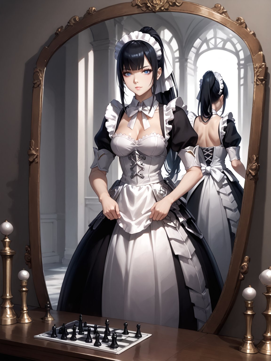 score_9,score_8_up,score_7_up,score_6_up, masterpiece, best quality, highres
,//Character, 
1girl, solo,narberal gamma \(overlord\), long hair, black hair, glay eyes, bangs, ponytail, medium breats
,//Fashion, 
maid
,//Background, 
,//Others, ,Expressiveh, 
A girl playing chess with her own reflection in a mirror, but the reflection is moving the pieces independently.