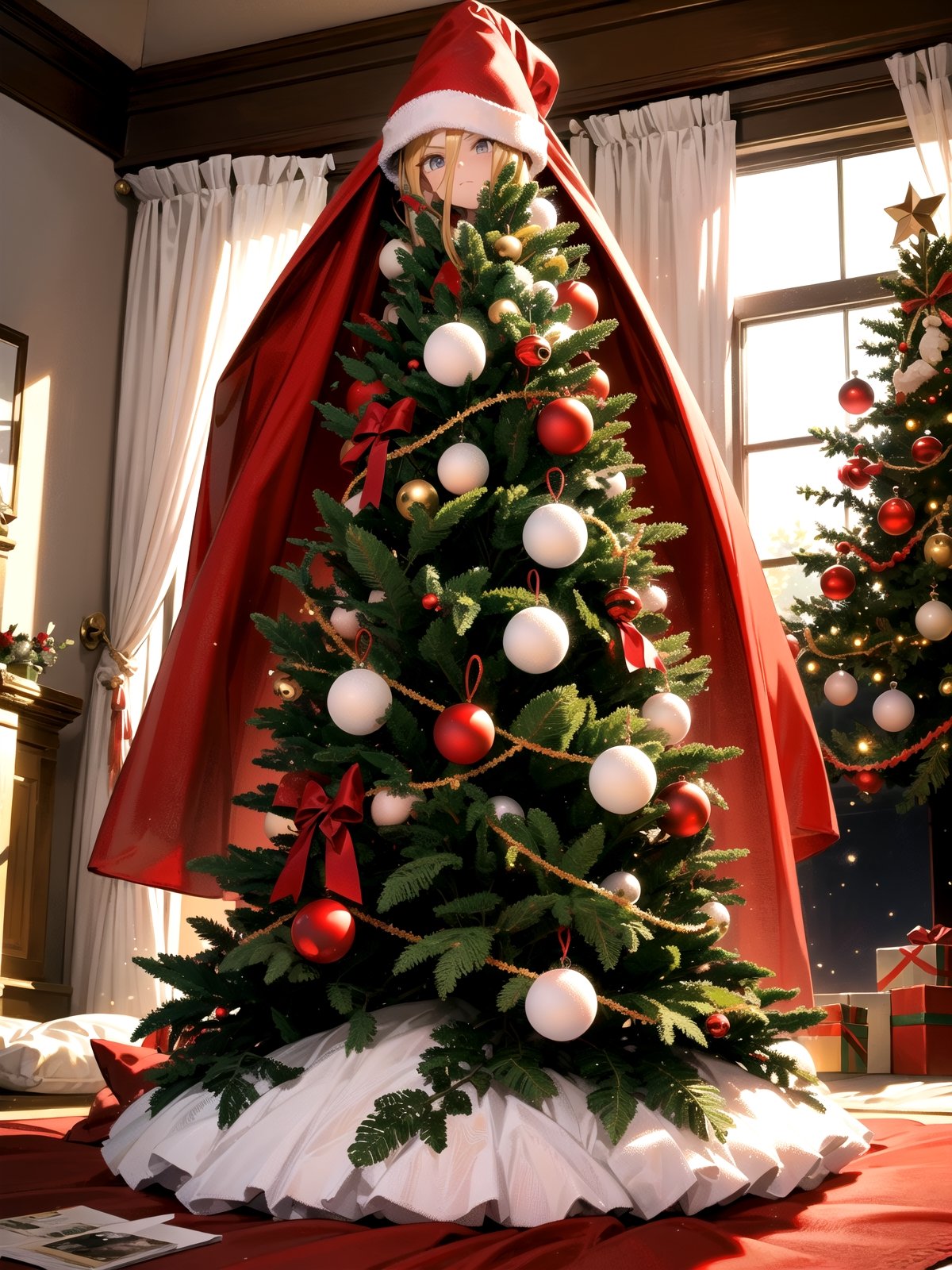 girl and santa, intricate design, santa costume, (santa's home, decorate santa house, Decorate the Christmas tree),Christmas, ,evileye_overlord