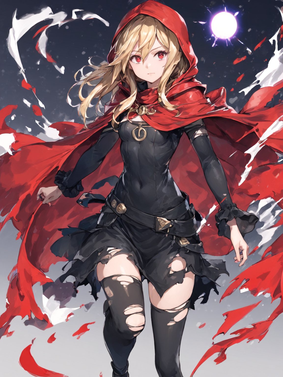 score_9,score_8_up,score_7_up,score_6_up, masterpiece, best quality, 8k, 8k UHD, ultra-high resolution, ultra-high definition, highres
,//Character, 
1girl, solo,Evileye \(overlord\), blonde hair, red eyes, hair between eyes, small breasts
,//Fashion, 
hood, black dress, torn clothes, covered navel, red cloak, hooded cloak, black thighhighs, torn thighhighs, 
hood up
,//Background, white_background
,//Others, ,Expressiveh,
dynamic pose, energy ball charging