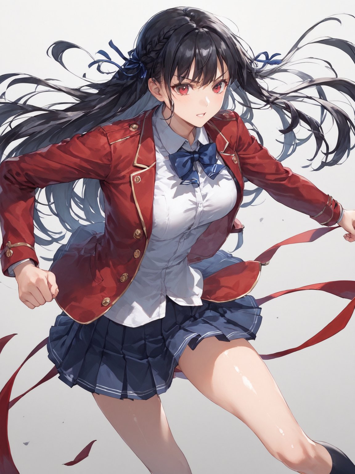 score_9,score_8_up,score_7_up,score_6_up, masterpiece, best quality, 8k, 8k UHD, ultra-high resolution, ultra-high definition, highres
,//Character, 
1girl, solo,HorikitaSuzune, long hair, black hair, shiny hair, red eyes, bangs, braid
,//Fashion, 
school uniform, red jacket, hair ribbon, white shirt, pleated skirt, thighhighs
,//Background, white_background
,//Others, ,Expressiveh,
fighting stance, dynamic pose