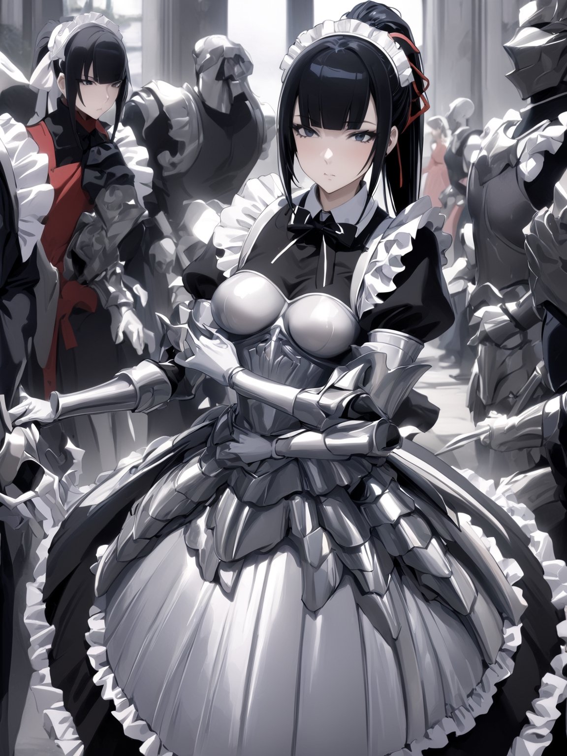 //Quality,
masterpiece, best quality, detailed
,//Character,
1girl, solo
,//Fashion,
,//Background,
,//Others,
,narberal gamma \(overlord\), 1girl, long hair, black hair, glay eyes, bangs, ponytail, medium breats, ribbon, bow, maid, dress, armor, gloves